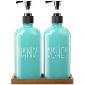 ALELION Turquoise Dish Soap Dispenser for Kitchen - 16 OZ Glass Hand Soap Dispenser Set with Pump and Acacia Wood Tray - Turquoi