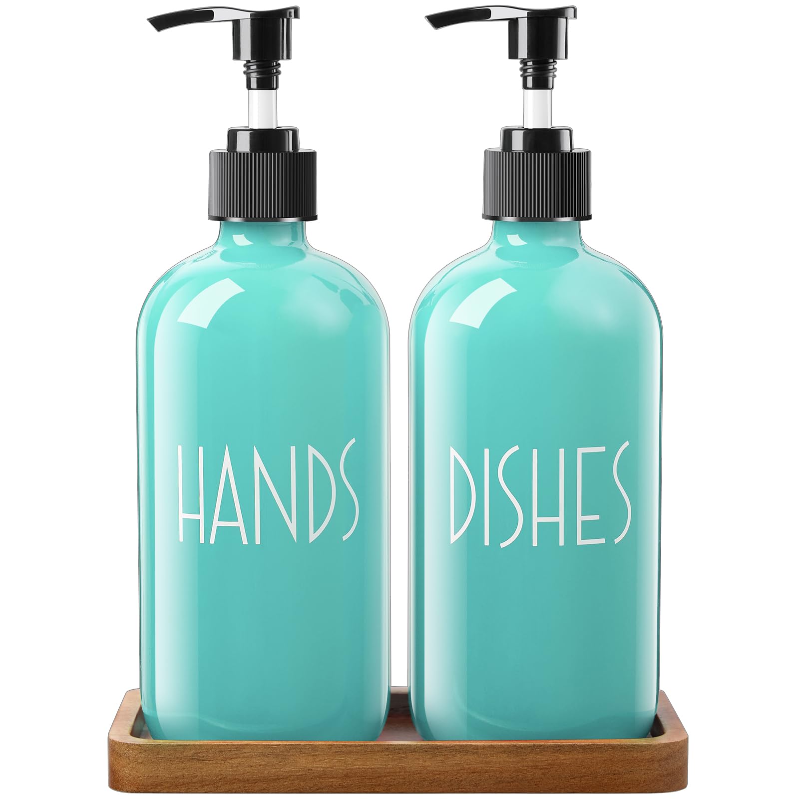 ALELION Turquoise Dish Soap Dispenser for Kitchen - 16 OZ Glass Hand Soap Dispenser Set with Pump and Acacia Wood Tray - Turquoi