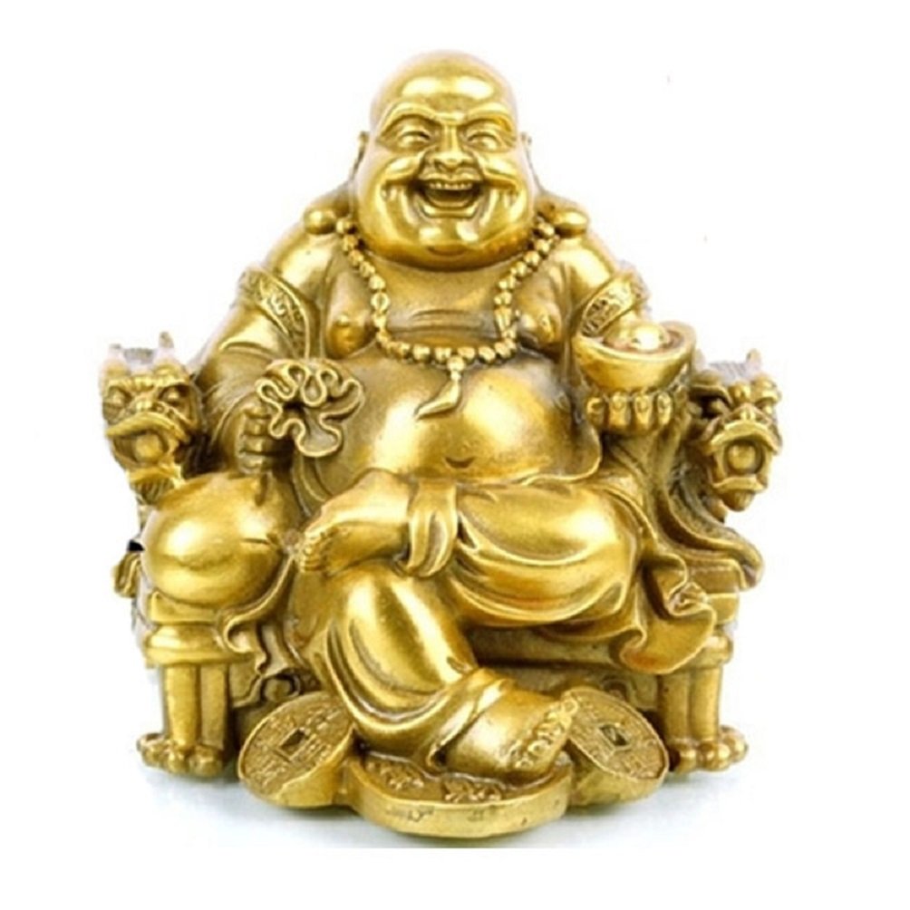 WEALTHCOMING Fengshui Buddha Statue for Lucky & Happiness God of Wealth,Laughing Buddha on Emperors Dragon Chair,Brass Buddhist