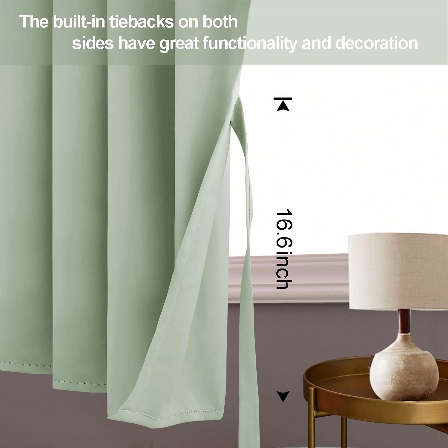 Jiuzhen Light Green Blackout Curtains With Tiebacks Thermal Insulated, Light Blocking And Noise Reducing Grommet Curtains For And Living Room, Set Of 2 Window Curtain Panels, 34 X 24 Inch Length