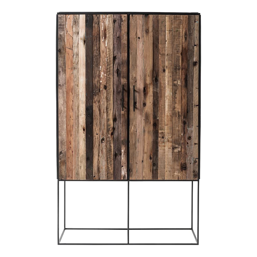 HomeRoots Natural & Black Mindi, Plywood, Recycled Boat Wood & Iron Modern Rustic Black and Natural Tall Accent Cabinet