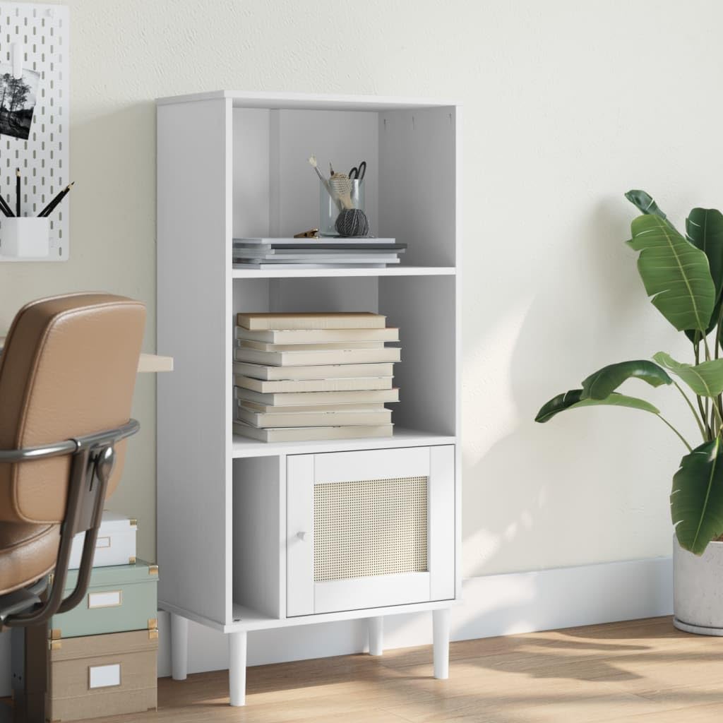 vidaXL Solid Pinewood Bookshelf with UV Varnish Finish - White Rattan Look Door - Spacious Storage - Suitable for Living Room, Office, Bedroom - 23.6&quot;x13.8&quot;x51.2&quot;