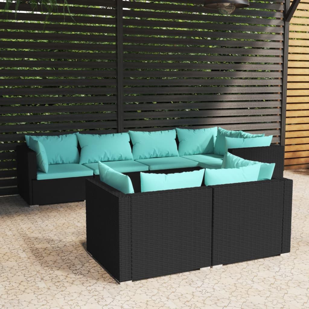 vidaXL 7 Piece Patio Lounge Set - Stylish and Durable Outdoor Furniture with Cushions, Black Poly Rattan Design, Ideal for Garden