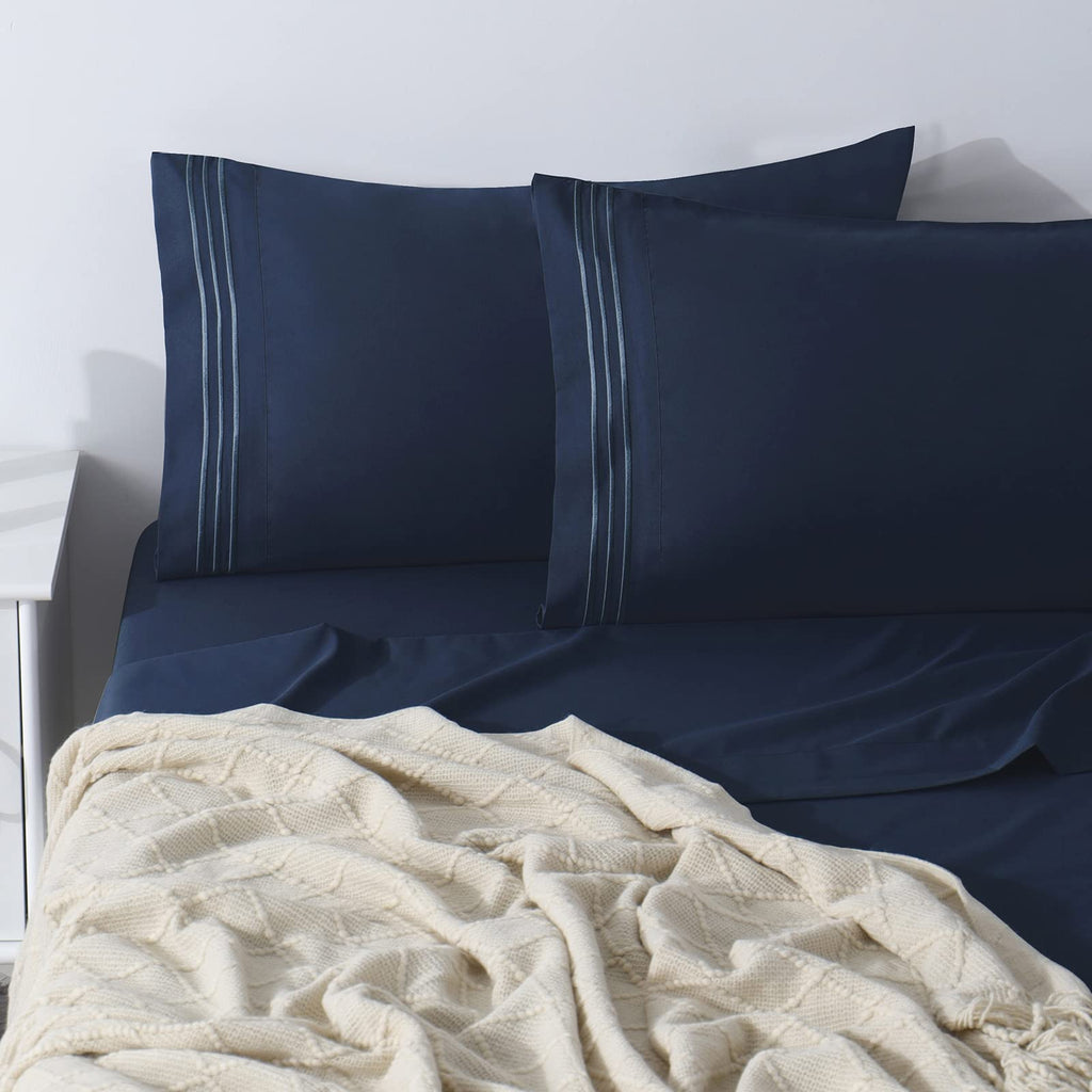 Cozylux King Bed Sheets Set 1800 Series 4-Piece Embroidered Double Brushed Microfiber Sheets 16' Deep Pocket Hotel Soft Luxury Bedding Sheet Set, Wrinkle Resistant, Navy Blue
