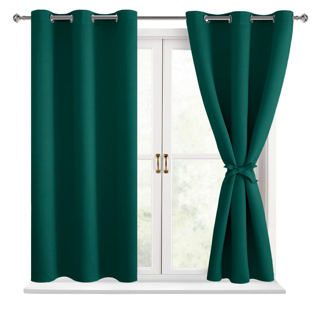 Hiasan Short Blackout Curtains For Bedroom - Thermal Insulated & Energy Saving Window Curtains For Living Room, 2 Drape Panels Sewn With Tiebacks, Hunter Green, 38 X 45 Inch