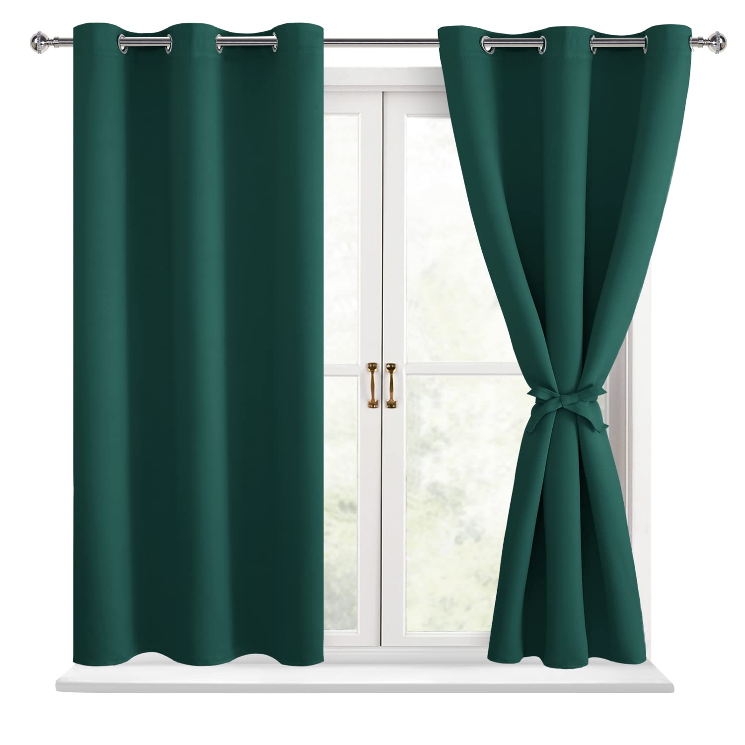 Hiasan Short Blackout Curtains For Bedroom - Thermal Insulated & Energy Saving Window Curtains For Living Room, 2 Drape Panels Sewn With Tiebacks, Hunter Green, 42 X 45 Inch
