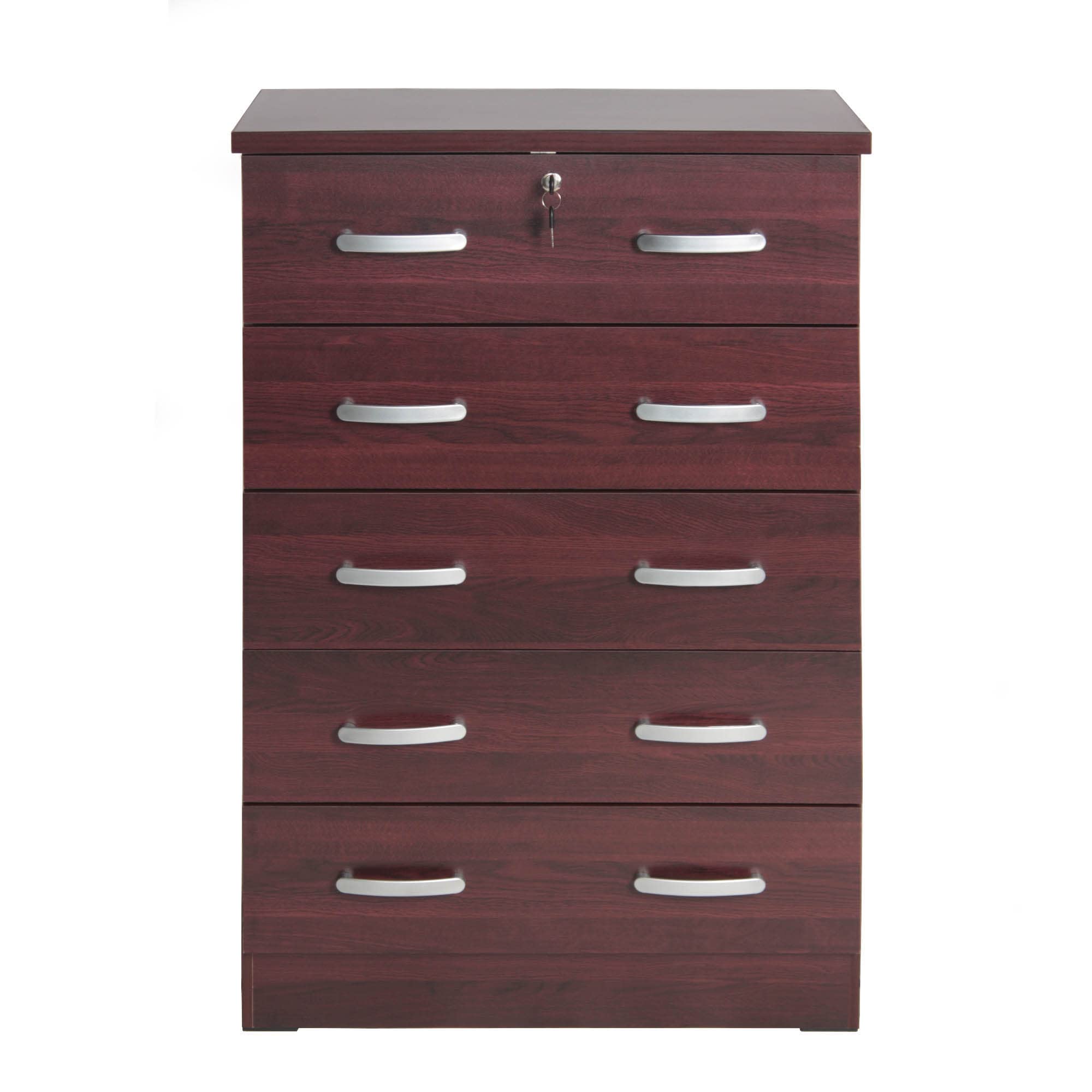 Better Home Products Cindy 5 Drawer Chest Wooden Dresser With Lock In Mahogany