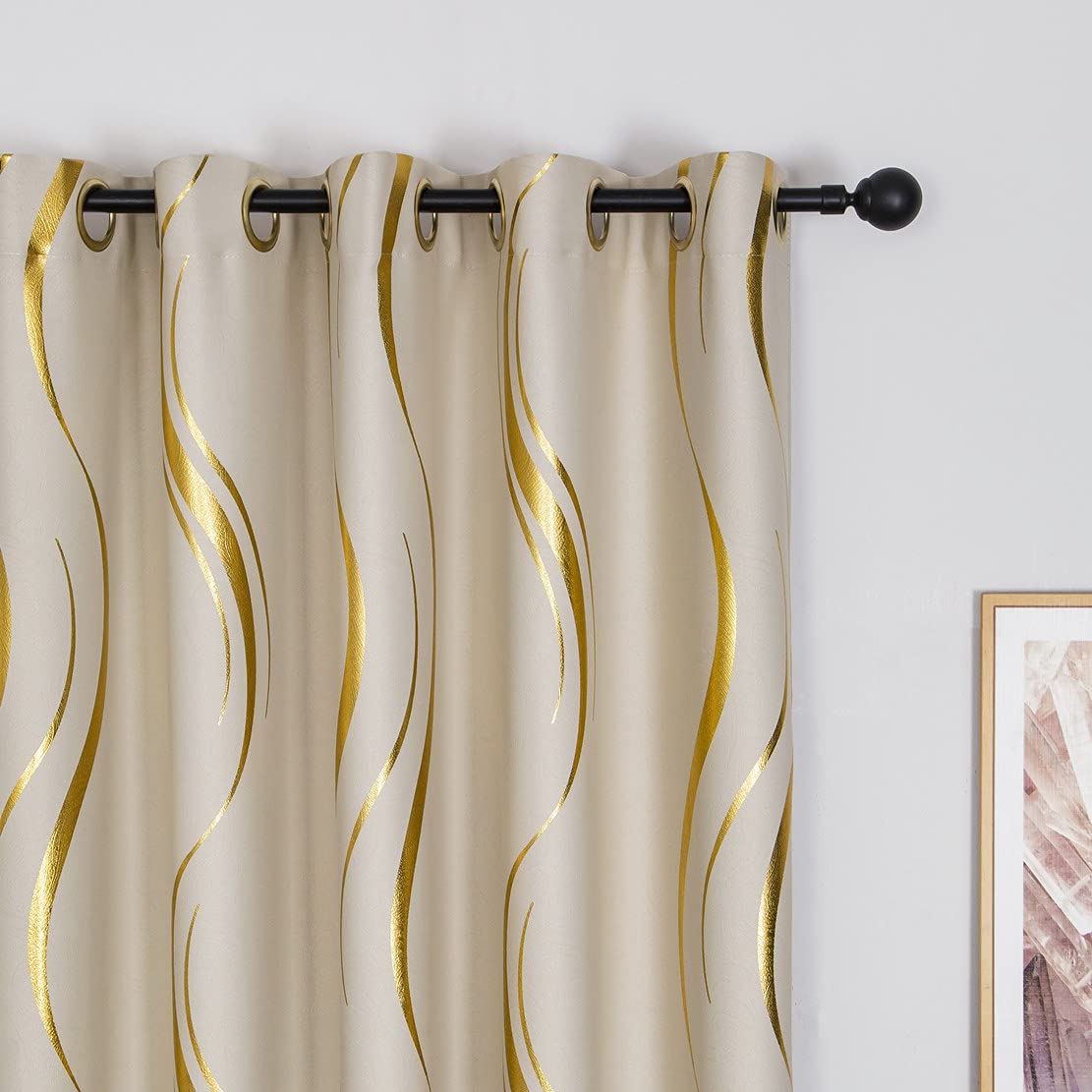 Myru 2 Panels Set Foil Print Striped Curtains For Living Room Bedroom (Beige And Gold, 2 X 54Wx84L)