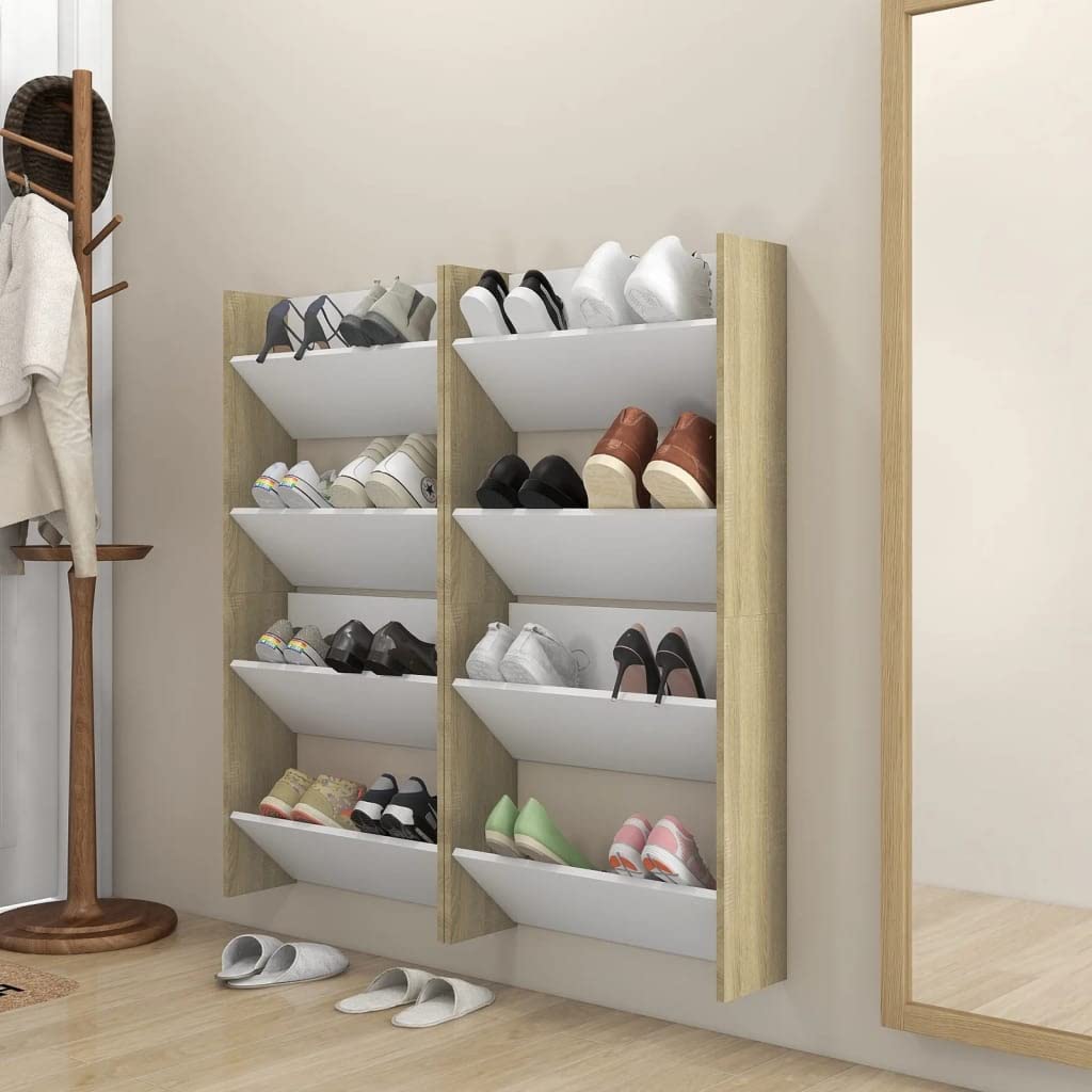 vidaXL Wall Shoe Cabinets 4 pcs White&Sonoma Oak 23.6&quot;x7.1&quot;x23.6&quot; Engineered Wood