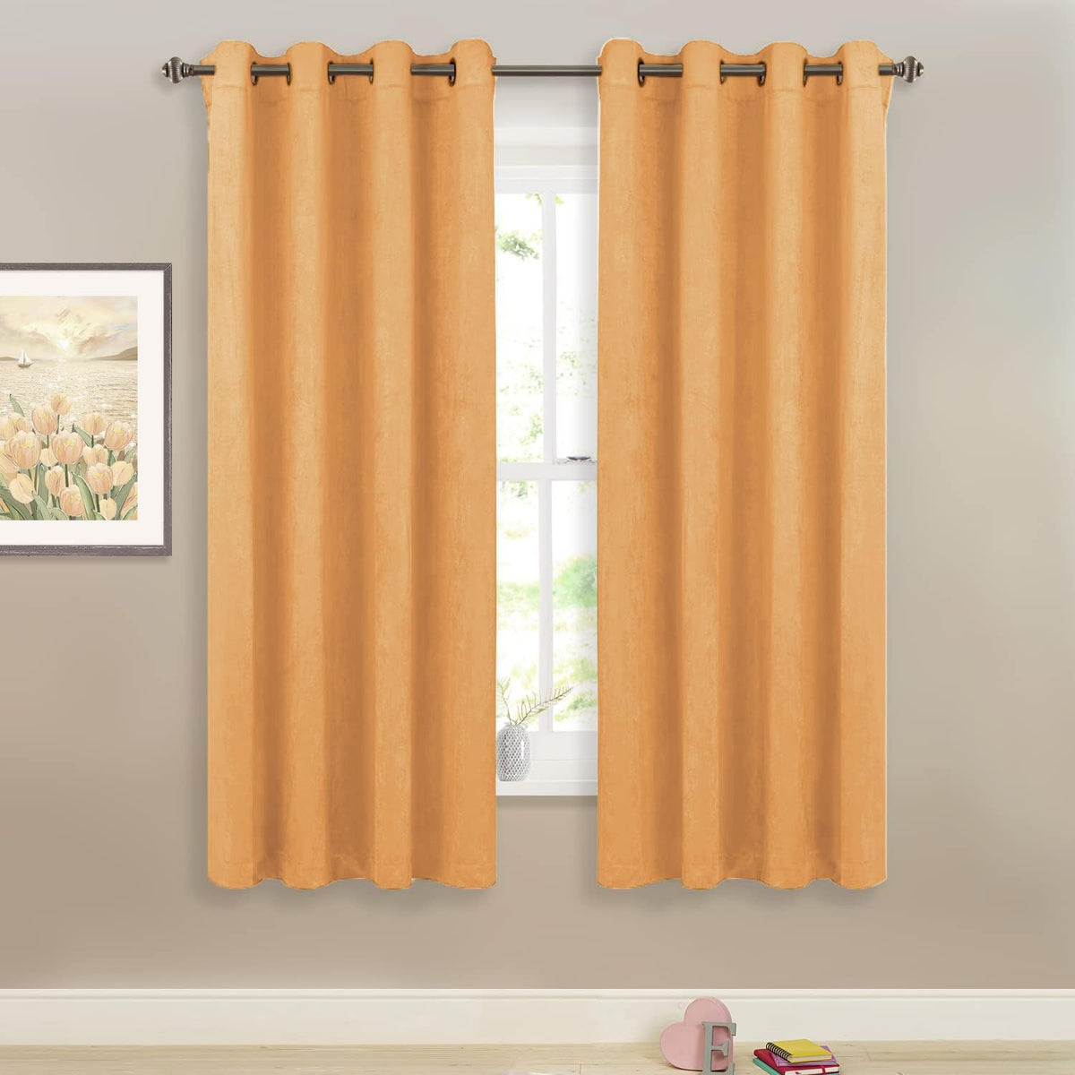 SMILETIME Yellow 63 in Long Velvet Curtains with Grommet, Thermal Insulated Super Soft Privacy Noise Reducing Light Blocking Vel