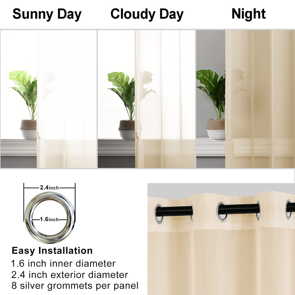 Hiasan Sheer Curtains For Living Room With Tiebacks, Grommet Top Light Filtering Airy Voile Drapes Lightweight Window Curtains For Bedroom, Nursery, Beige, W52 X L84, Set Of 2 Soft Textured Panels