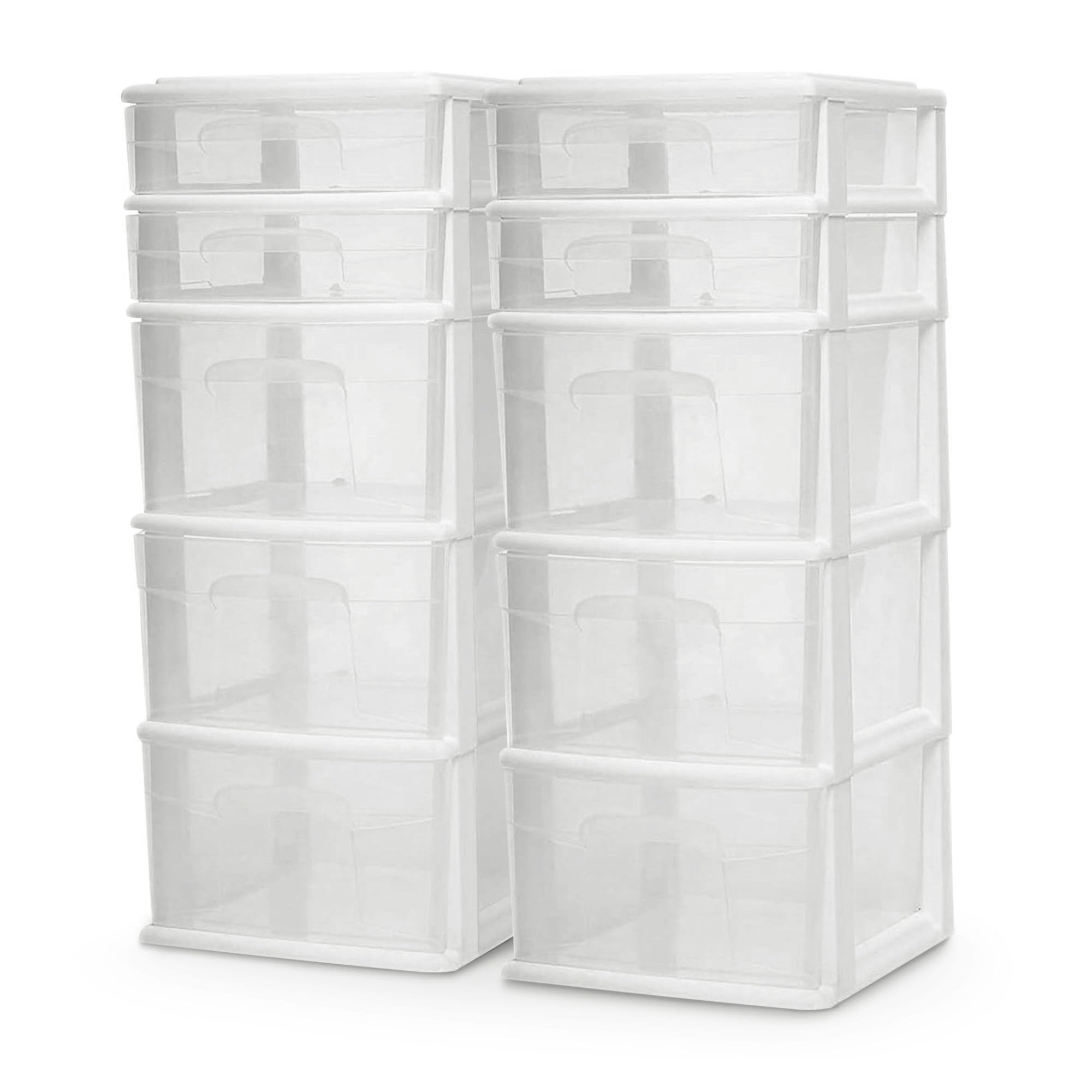Homz 2-Pack Drawer Tower, 5-Tier Clear Plastic Storage Organizer, White Frame
