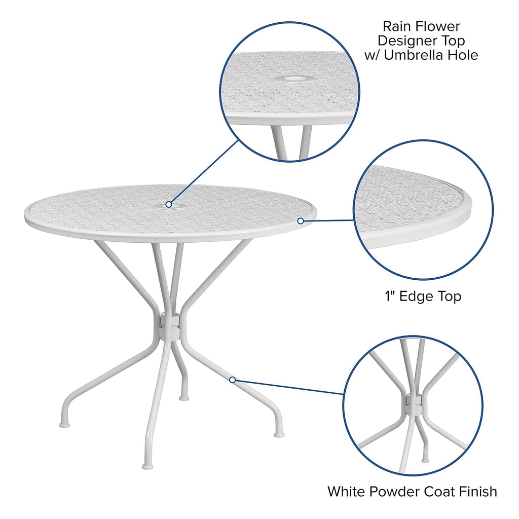 Flash Furniture Oia Commercial Grade 35.25" Round White Indoor-Outdoor Steel Patio Table with Umbrella Hole