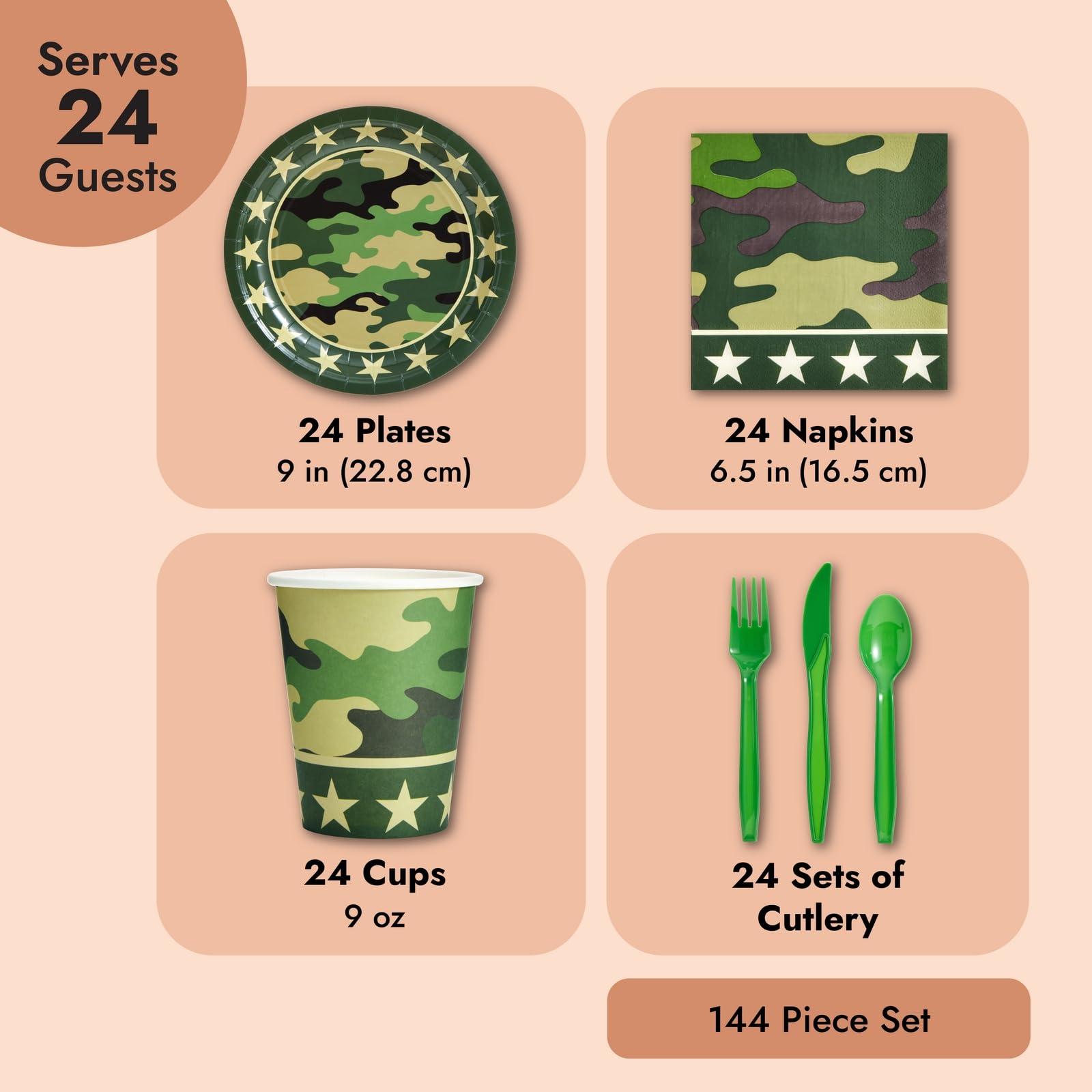 Blue Panda 144-Piece Camo Party Decorations For Army-Themed Birthday, Baby Shower, Welcome Home Party, Serves 24, Includes Camou