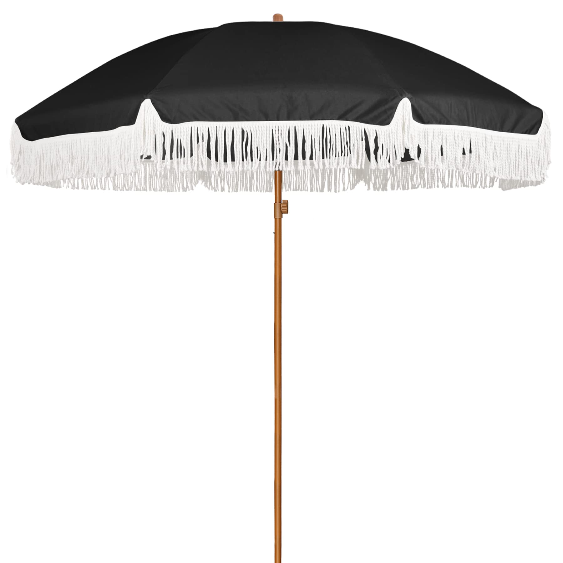 Ammsun 7Ft Patio Umbrella With Fringe Outdoor Tassel Umbrella Upf50+ Premium Steel Pole And Steel Ribs Push Button Tilt,Black