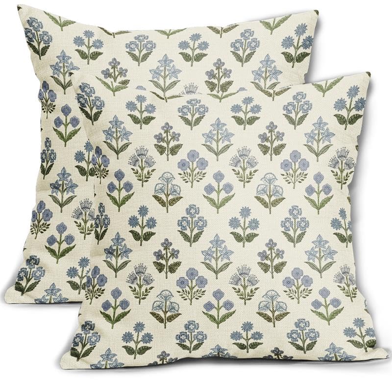 Sivirary Blue Green Block Print Pillow Covers 16X16 Inch Set Of 2, Vintage Floral Decorative Throw Pillow Cases Boho Cushion Cov