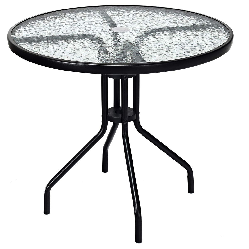Goplus 32' Outdoor Round Patio Table With Umbrella Hole, All Weather Dining Table Tempered Glass Top, Bistro Table Coffee Table Furniture Commercial Party Event For Backyard Lawn Balcony Pool