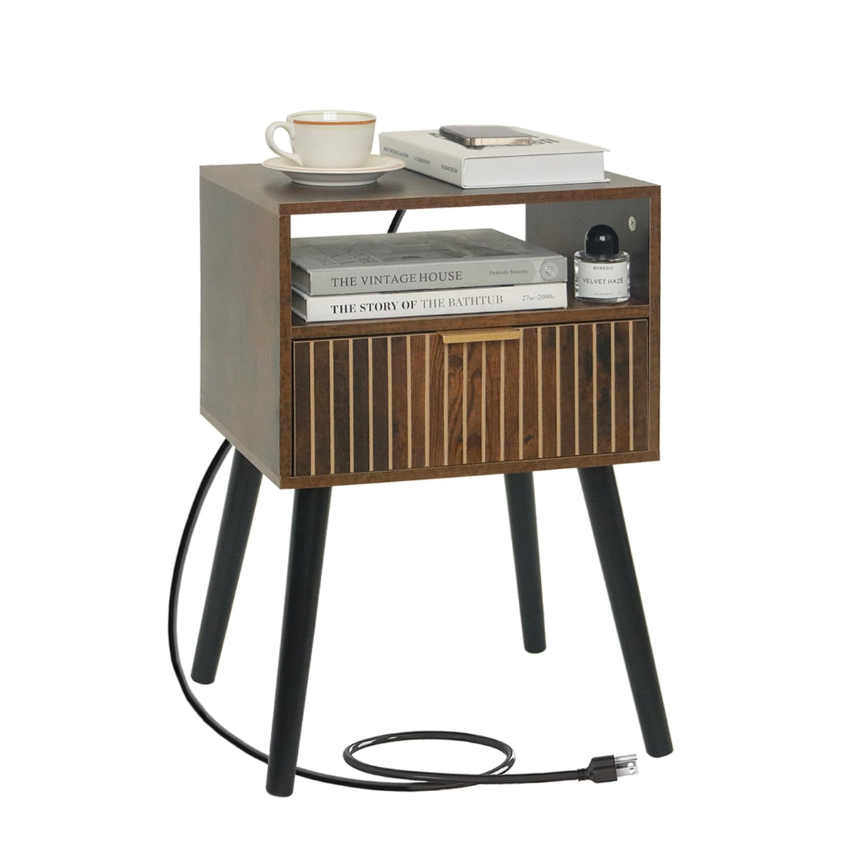 Mid Century Modern Nightstand With Charging Station, Wood Bedside Table With Drawer, Modern End Table For Bedroom And Small Spaces, Easy Assembly, Rustic Brown And Black