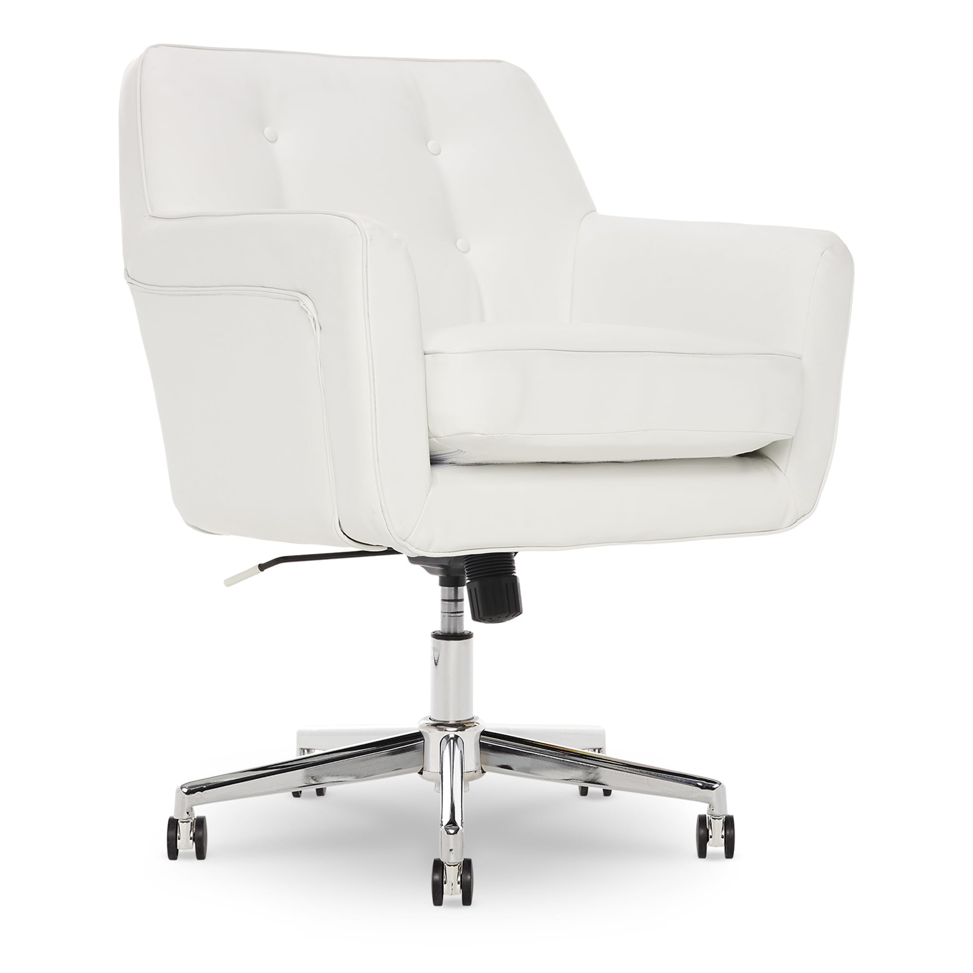 Serta Ashland Home Office Desk Chair With Button Tufted Back, Memory Foam Cushion And Padded Arms, Mid Century Modern Vanity Armchair With Wheels For Bedroom, Chrome Metal Base, White