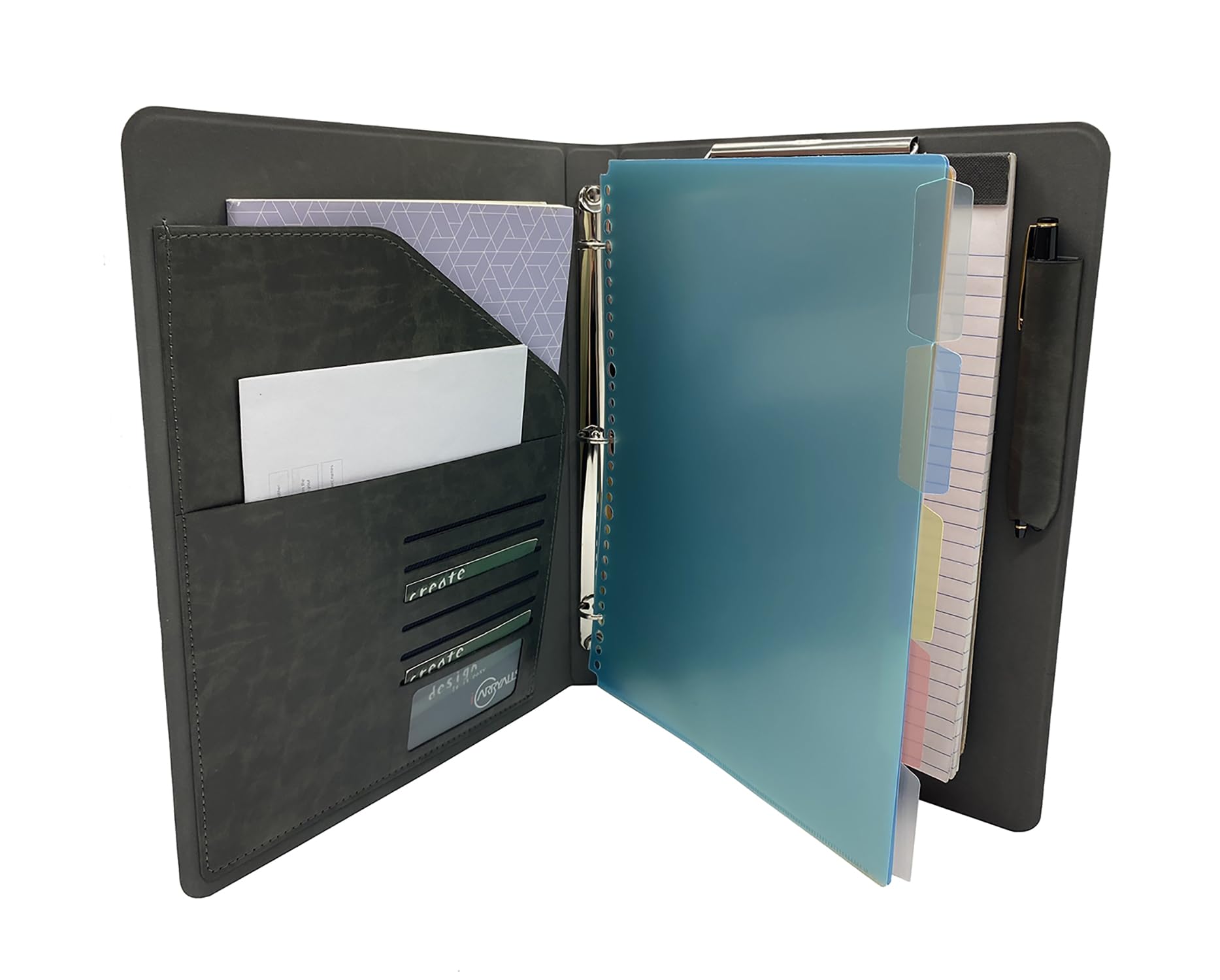 Binder Portfolio Organizer With Color File Folders, Business And Interview Padfolio With 3-Ring Binder, Clipboard