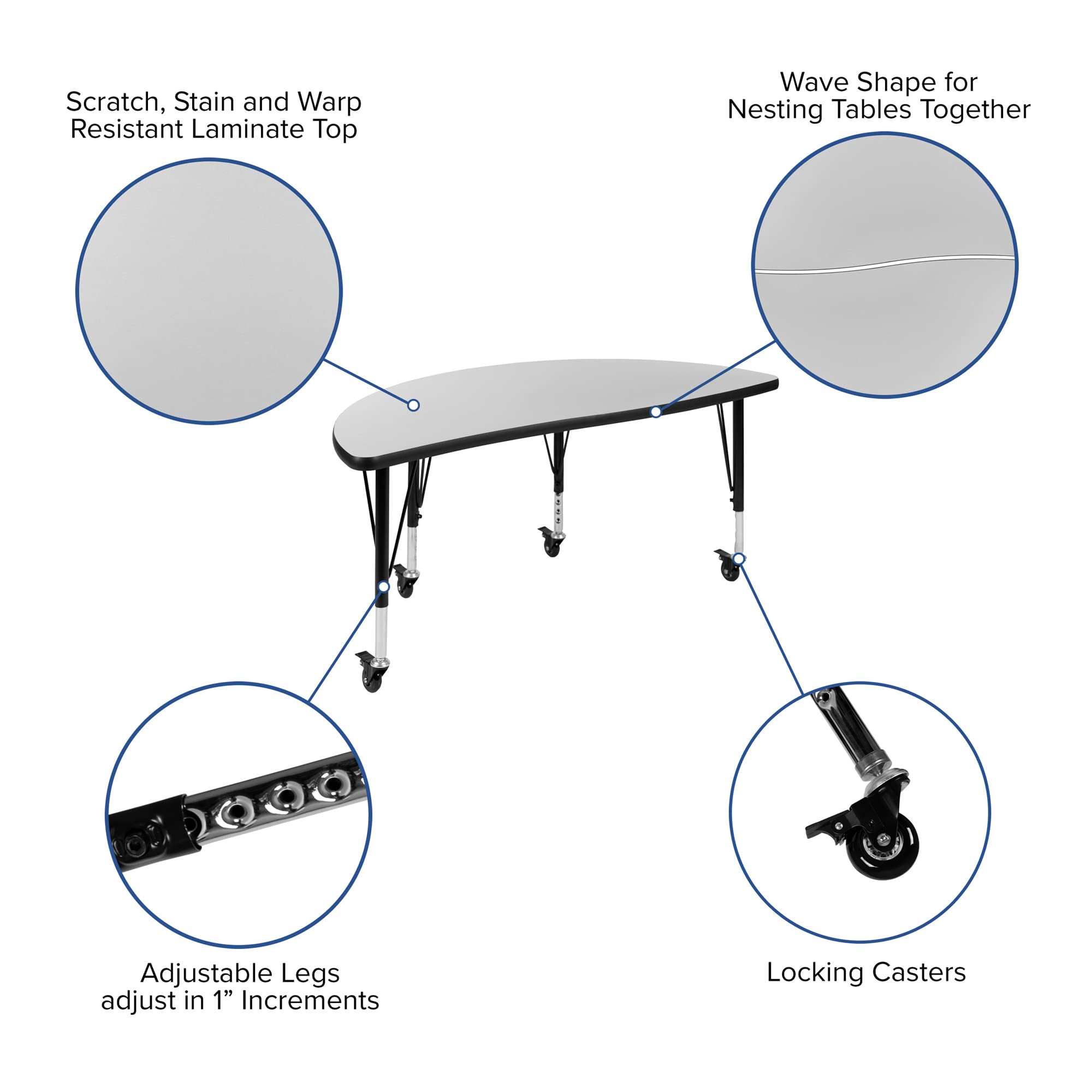 Flash Furniture 3 Piece Mobile 76' Oval Wave Collaborative Grey Thermal Laminate Activity Table Set - Height Adjustable Short Legs