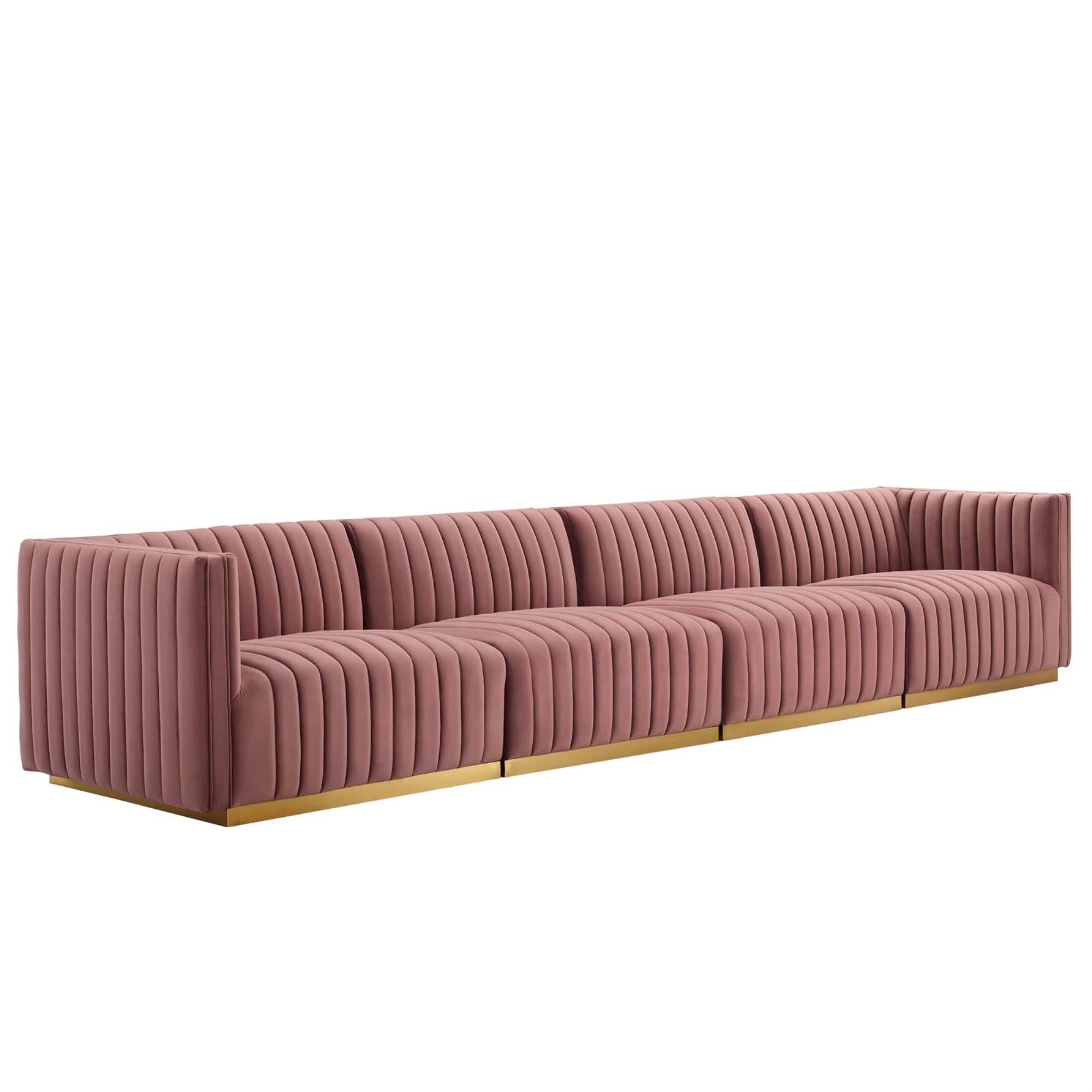 Modway Conjure 4-Piece Velvet And Stainless Steel Sofa In Gold/Dusty Rose