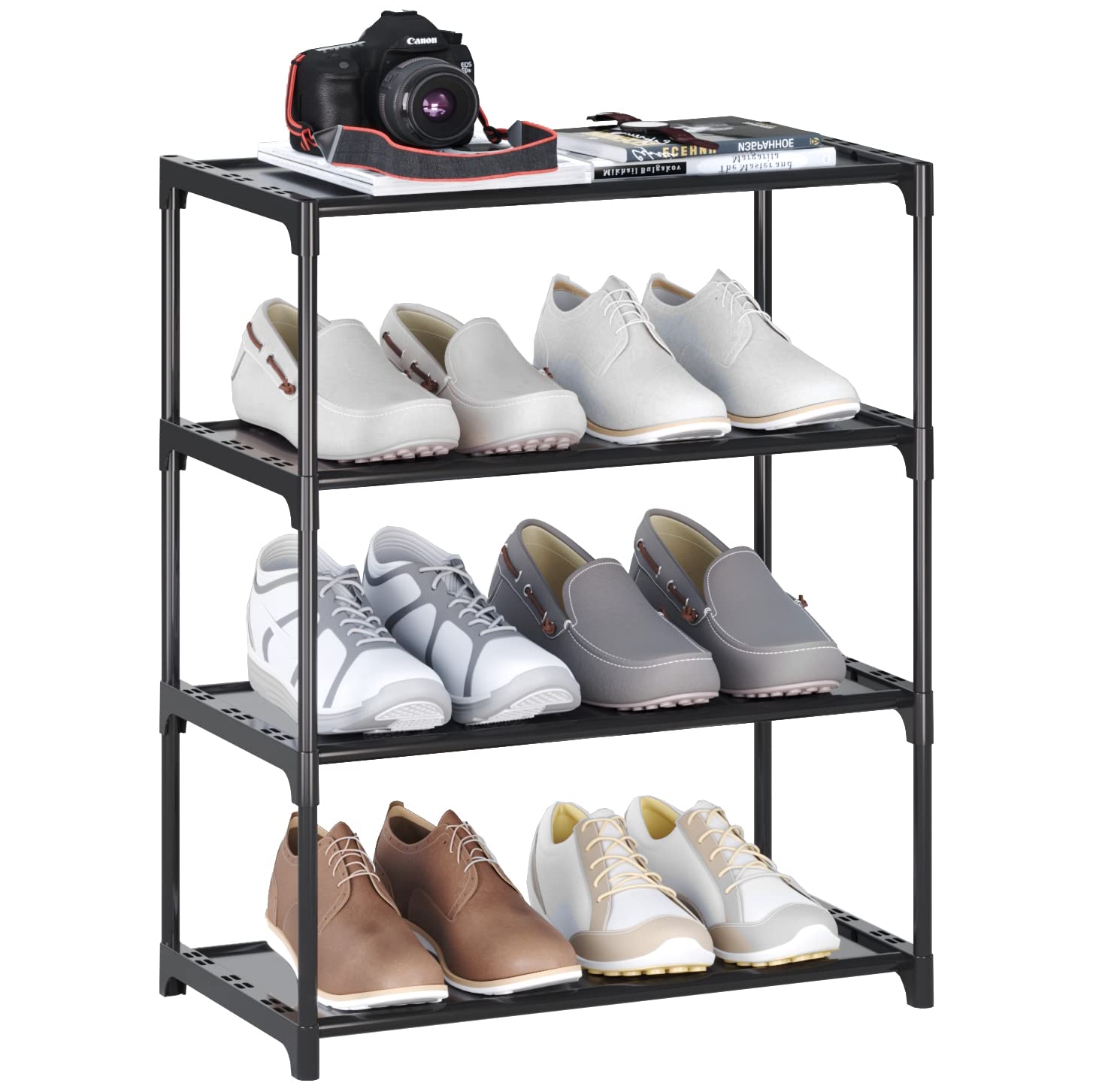 Hockmez 4-Tier Small Shoe Rack .Stackable Shoe Shelf Storage Organizer For Entryway Hallway Closet Bathroom Living Room (Black)