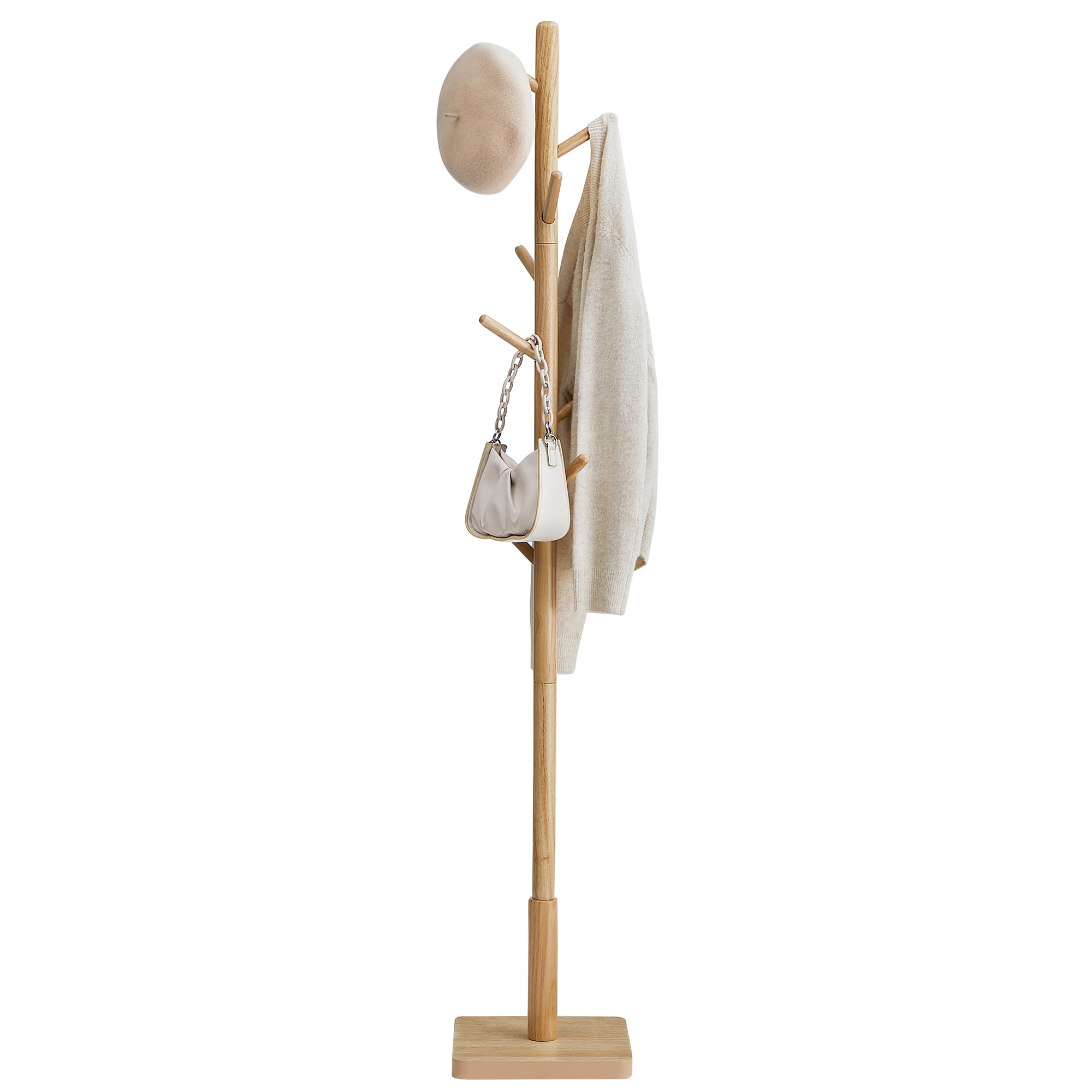 VASAGLE Coat Rack, Solid Wood Coat Stand, Freestanding Hall Tree, 8 Hooks, Natural Beige URCR010N01