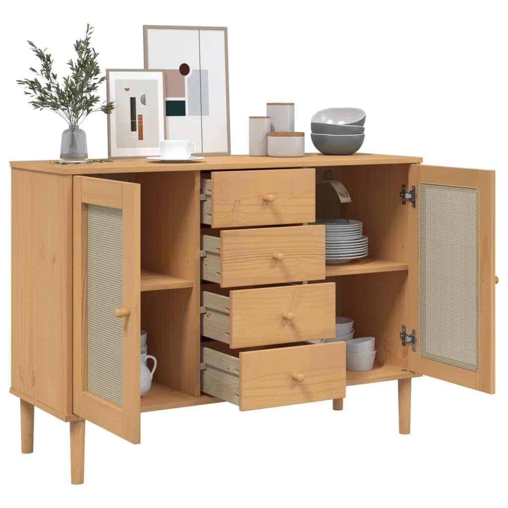vidaXL Midcentury Boho Sideboard with Ample Storage and Poly Rattan Surface | Solid Pinewood Furniture Ideal for Living Room