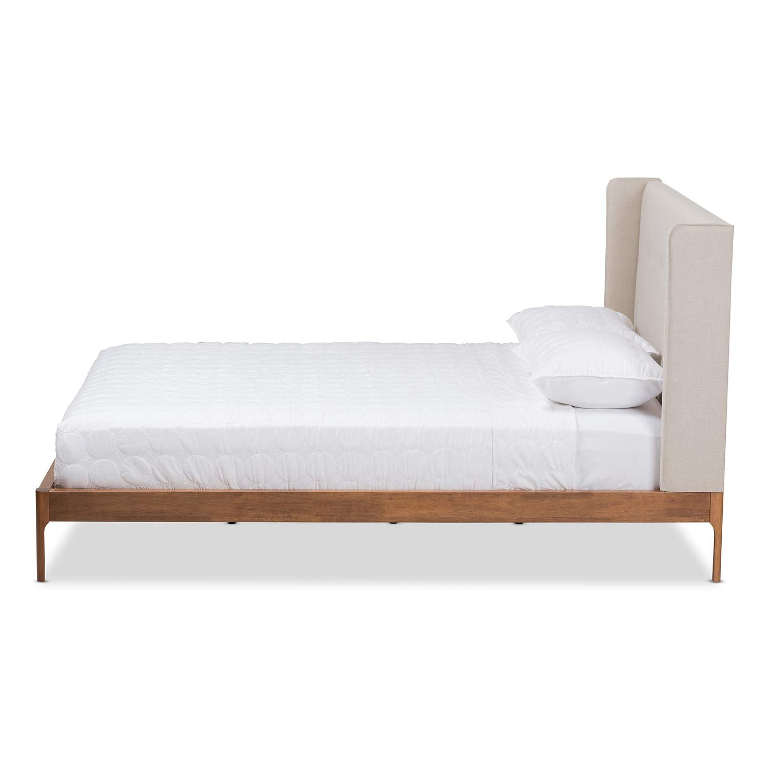 Baxton Studio Brooklyn Mid-Century Modern Walnut Wood Beige Fabric Full Size Platform Bed/Light Beige/Mid-Century/Fabric Polyester 100%&quot;/Mdf/Lvl/Rubber Wood/Foam