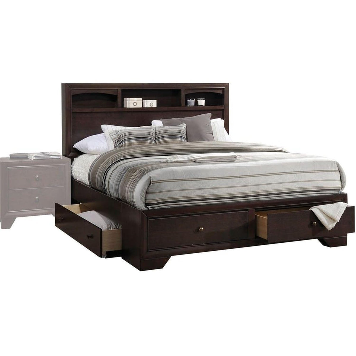 HomeRoots Furniture King Bed with Storage, Espresso - Rubber Wood (285859)