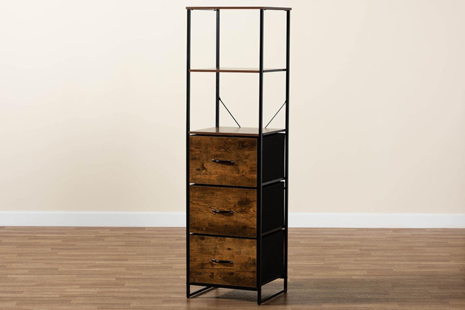 Baxton Studio Hakan Brown Finished and Black Metal 3-Drawer Storage Cabinet