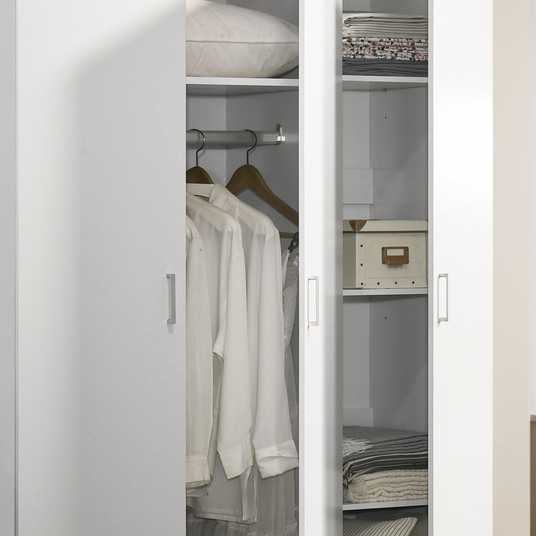 LILOLA LIVING Declan White 3-Door Wardrobe Cabinet Armoire with Storage Shelves and Hanging Rod
