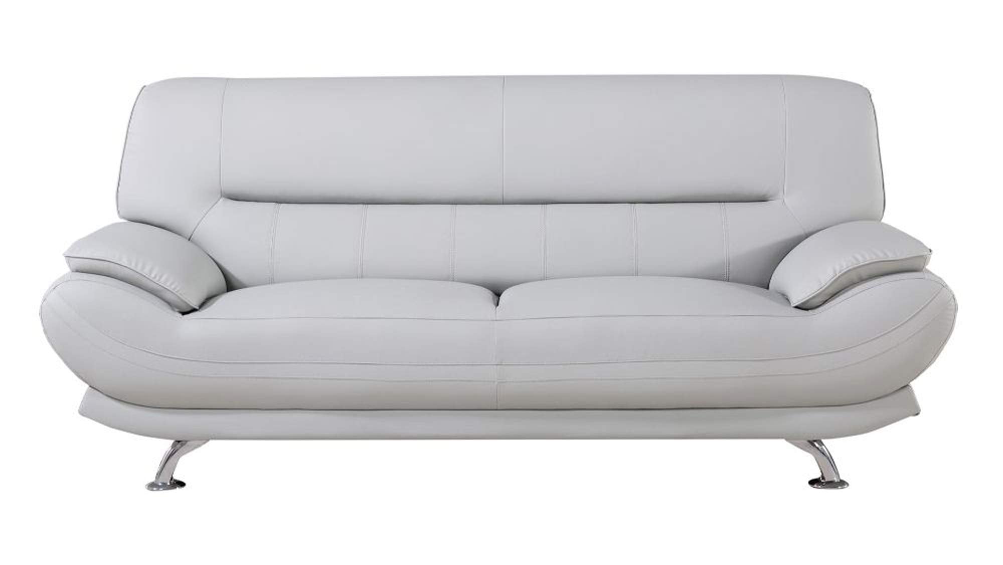 Benjara Faux Leather Upholstered Wooden Sofa with Tufted Cushioned Back, Light Gray and Silver