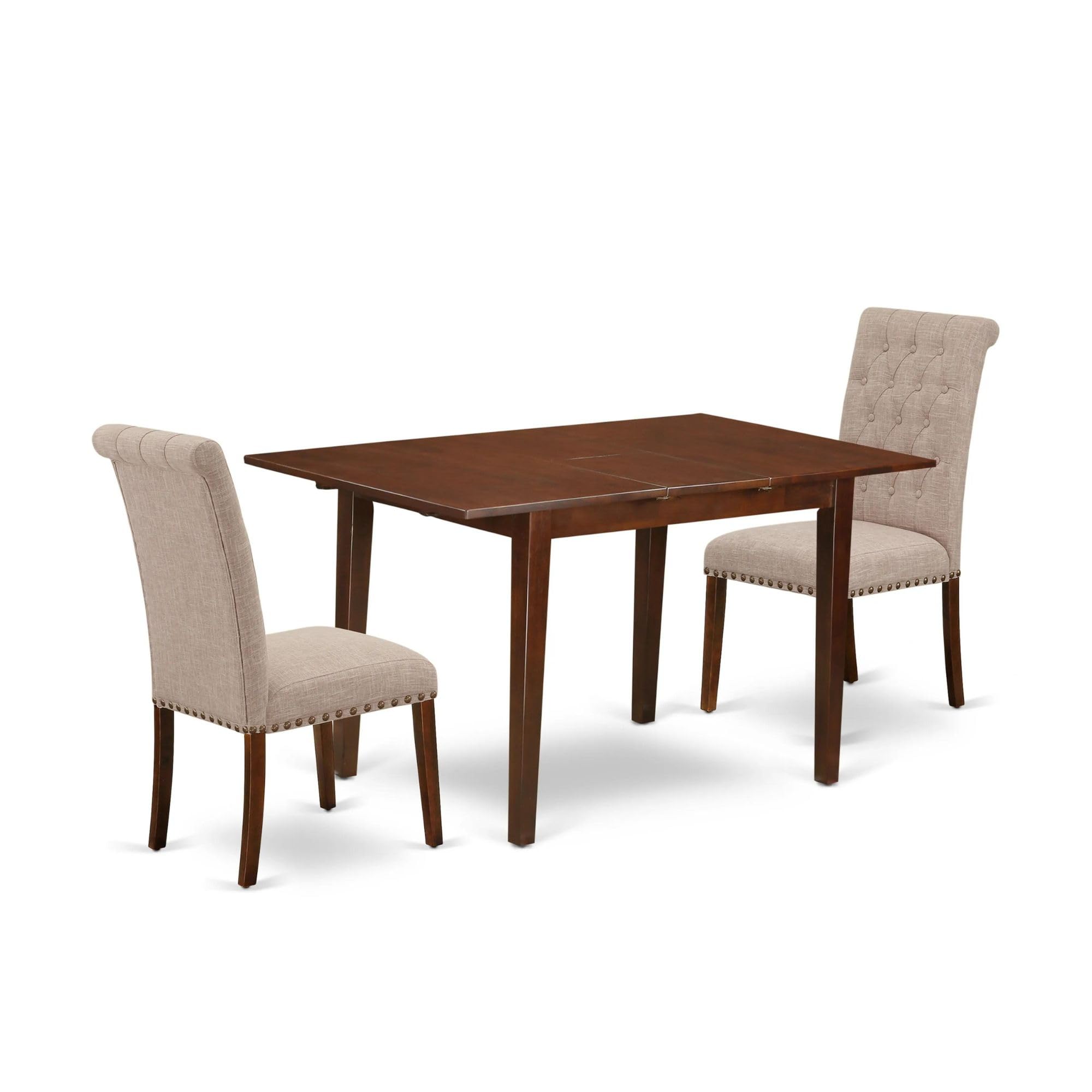 East West Furniture Nobr3-Mah-04 3 Piece Dining Room Table Set Contains A Rectangle Kitchen Table With Butterfly Leaf And 2 Light Tan Linen Fabric Parson Chairs, 32X54 Inch, Mahogany