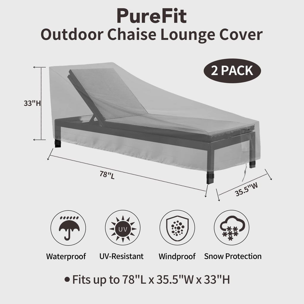 Purefit Outdoor Chaise Lounge Cover, Lounge Chair Covers Waterproof Patio Furniture Lounge Chair Cover, Uv Resistant & Weatherproof, 2 Pack, 78'L X 35.5'W X 33'H Inches, Gray