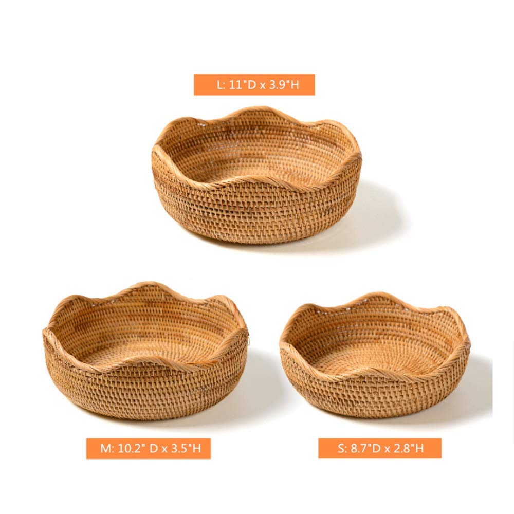 Amololo Handmade Rattan Round Fruit Basket Food Storage Bowl Kitchen Organizer Snack Serving Bowl 9 10 11 Inch Wavy Edge Circle