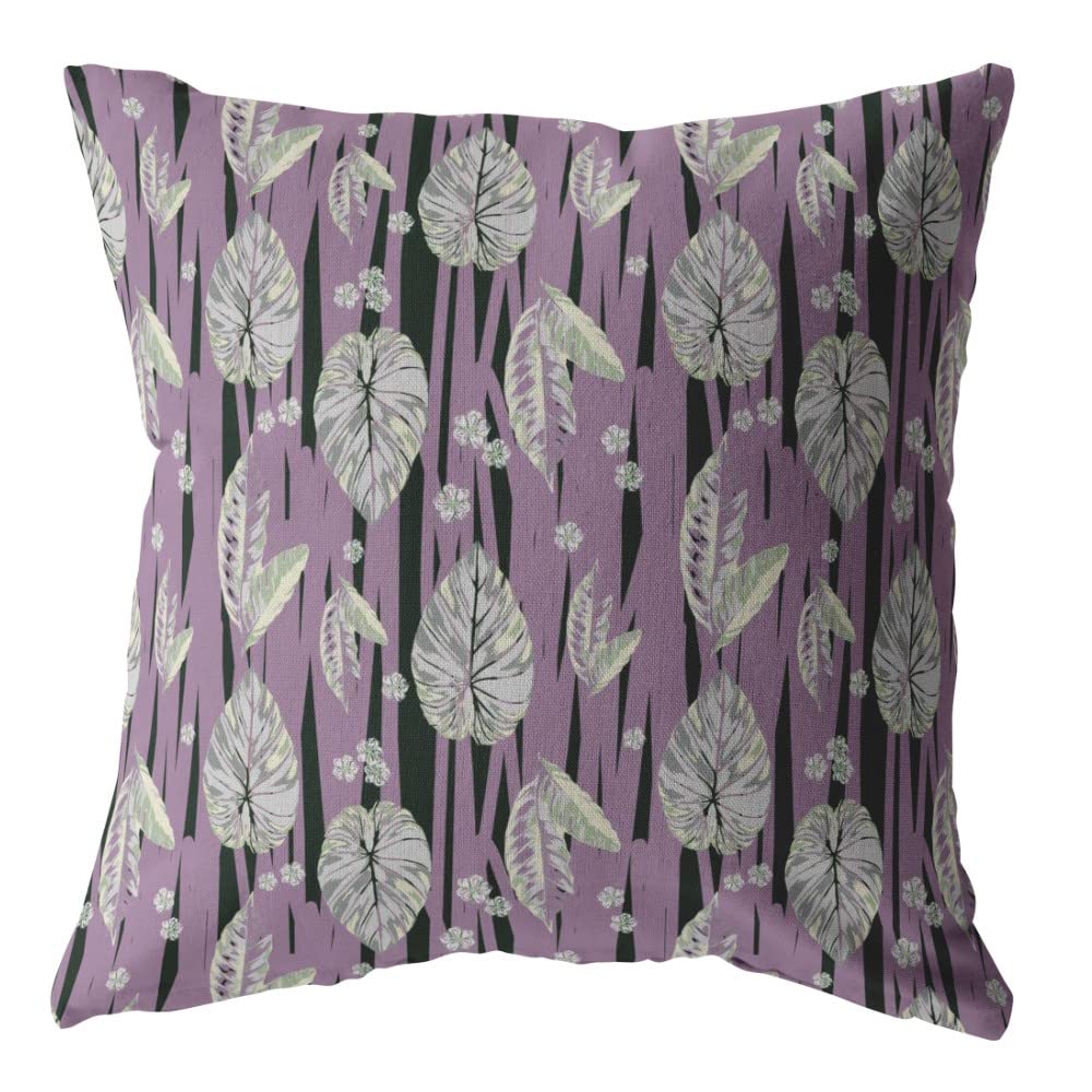 HomeRoots Pink and White Broadcloth 28â€ Lavender Black Fall Leaves Indoor Outdoor Throw Pillow