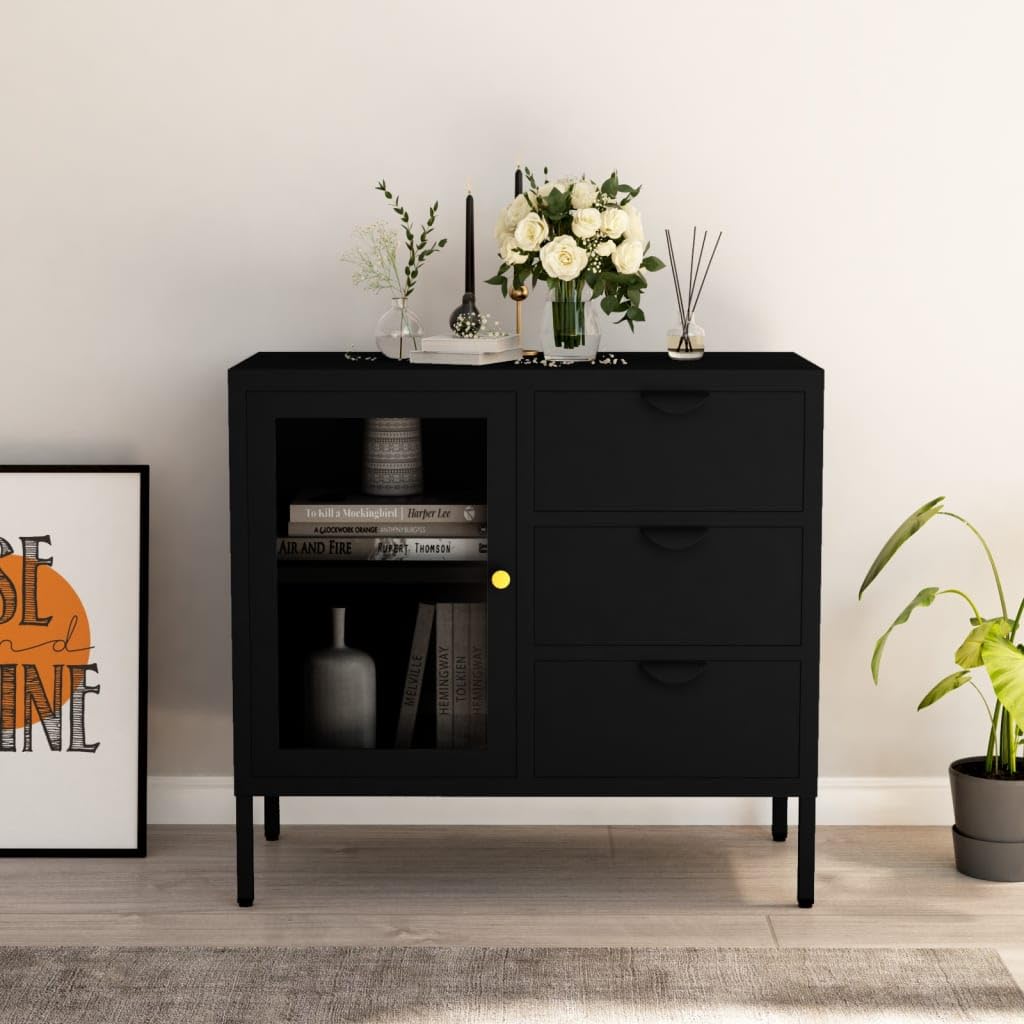 vidaXL Black Sideboard with Adjustable Shelf and Three Drawers - Modern Design Steel and Tempered Glass Multifunctional Storage Unit