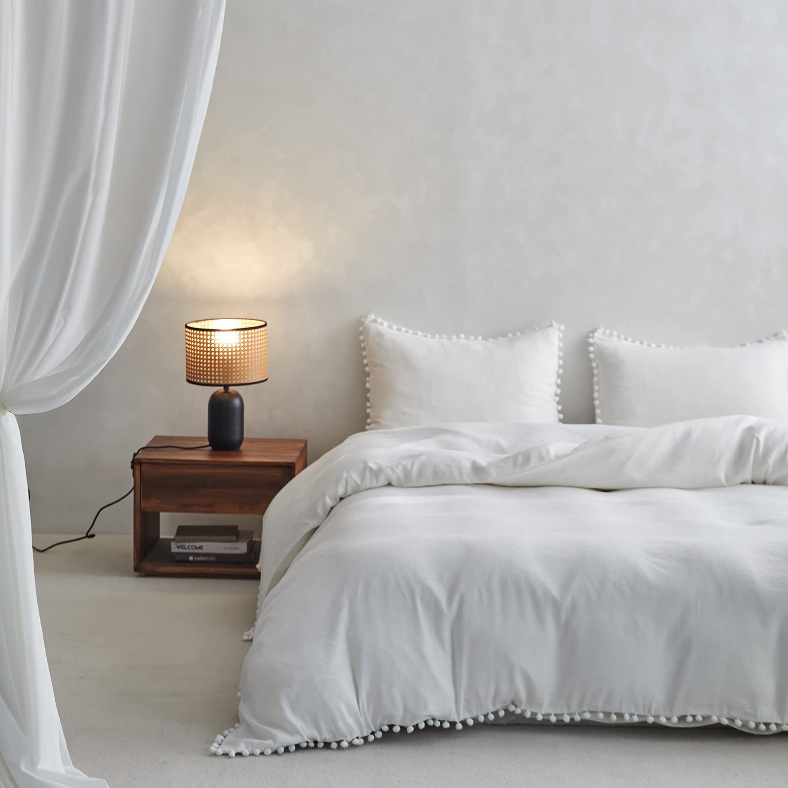 Simple&Opulence Linen Blend Duvet Cover With Pom Pom Trim, Farmhouse Flax Bamboo Viscose Blend Bedding Set Soft Breathable, 1 Bo