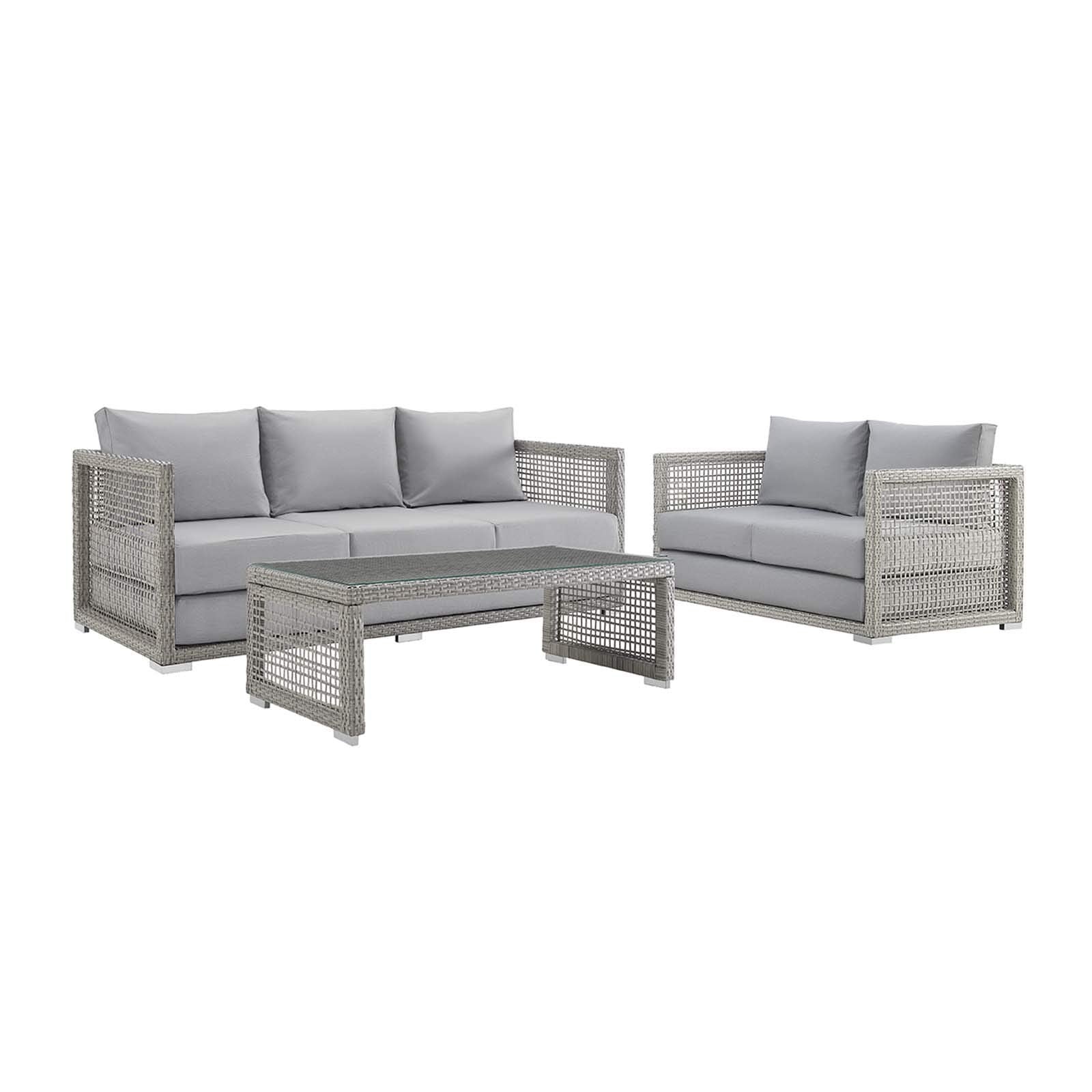Modway Aura Outdoor Patio Wicker Rattan, Sofa, Loveseat And Coffee Table, Gray Gray