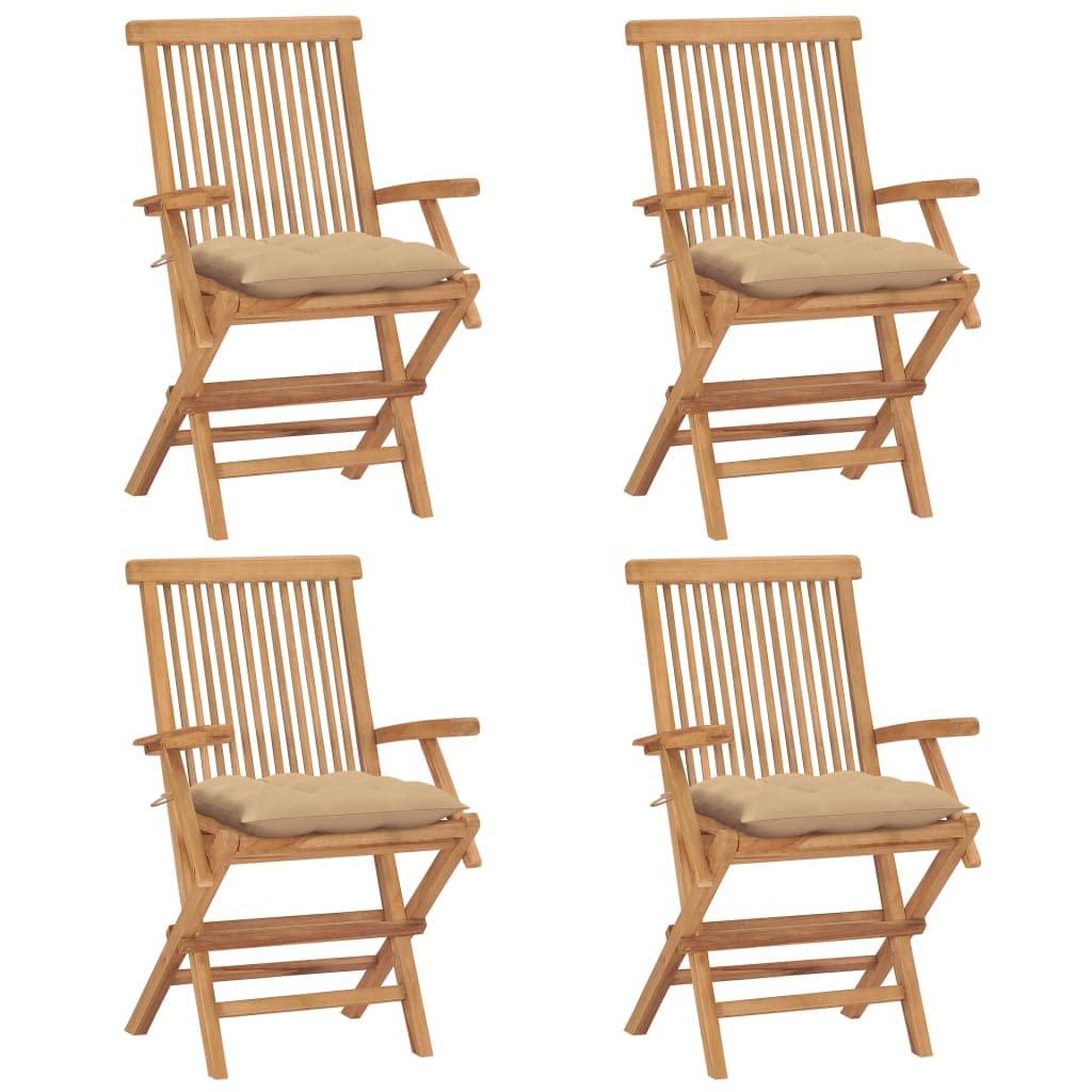 vidaXL 4X Solid Teak Wood Patio Chairs Garden Terrance Outdoor Furniture Wooden Folding Dinner Dining Seating Chairs with Beige Cushions