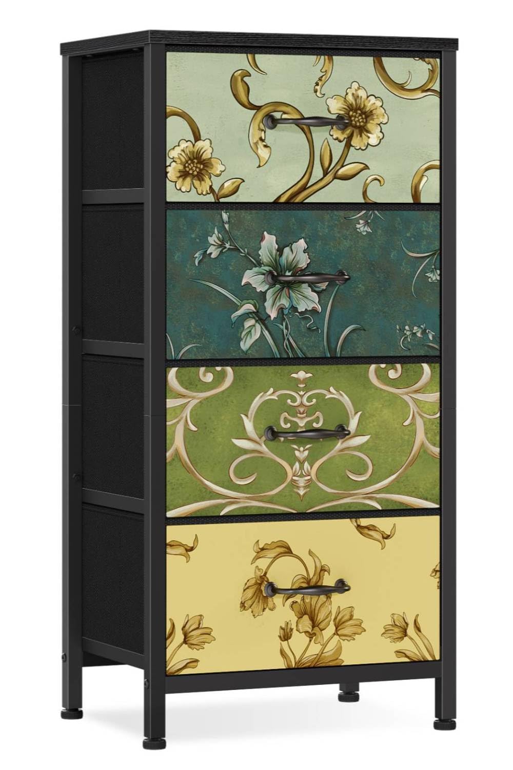 Furnulem 4 Drawer Dresser, Vertical Nightstand For Kids, Adult, Fabric Chest Of Drawers For Bedroom, Living Room, Closet, Nusery, Storage Tower Unit Retro Style Furniture, Wood Desk Top