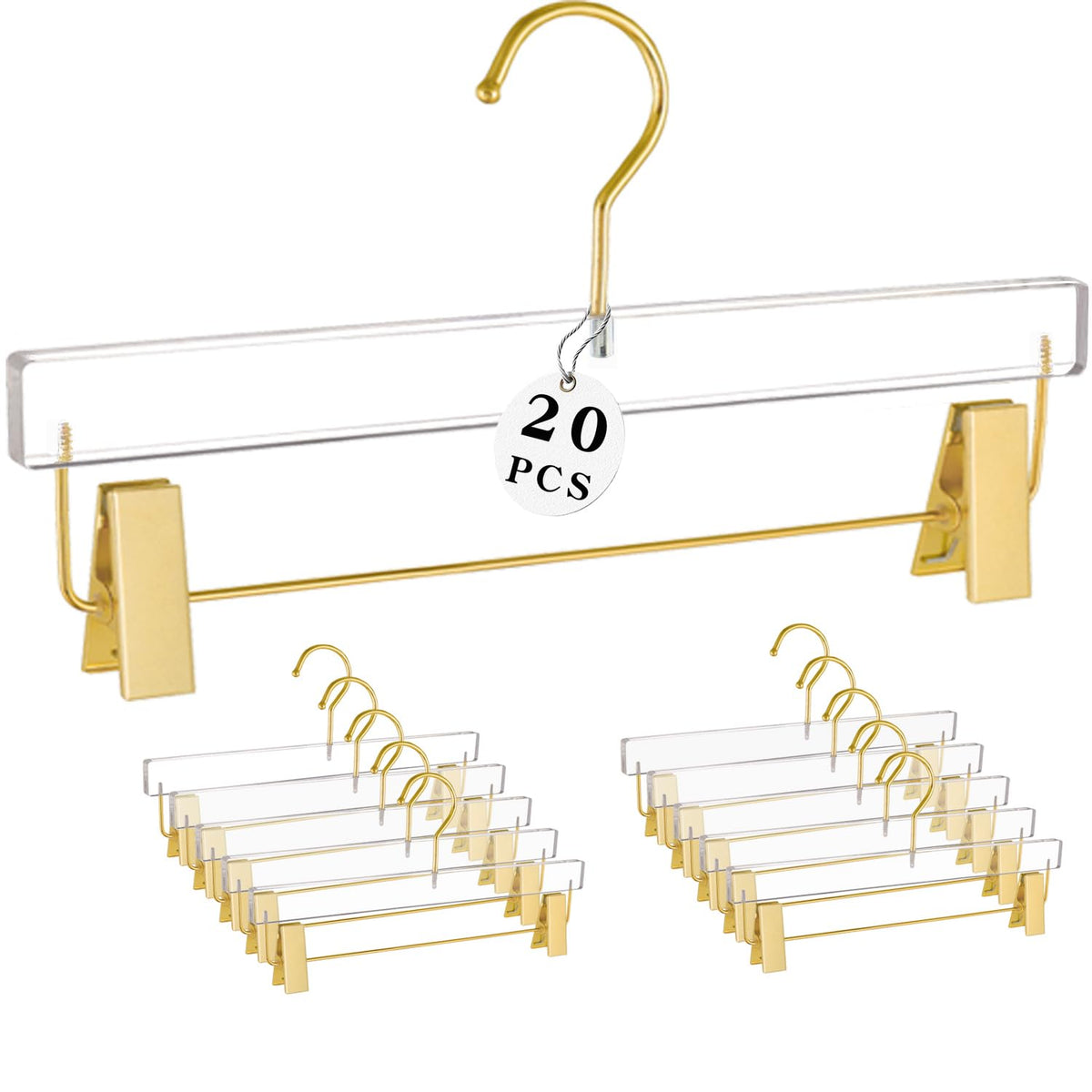 Besser Gold Acrylic Hangers,20 Pack Clear Hangers with Gold Hooks,Luxurious Skirt Pants Hangers Gold Clips for Clothing Closet S