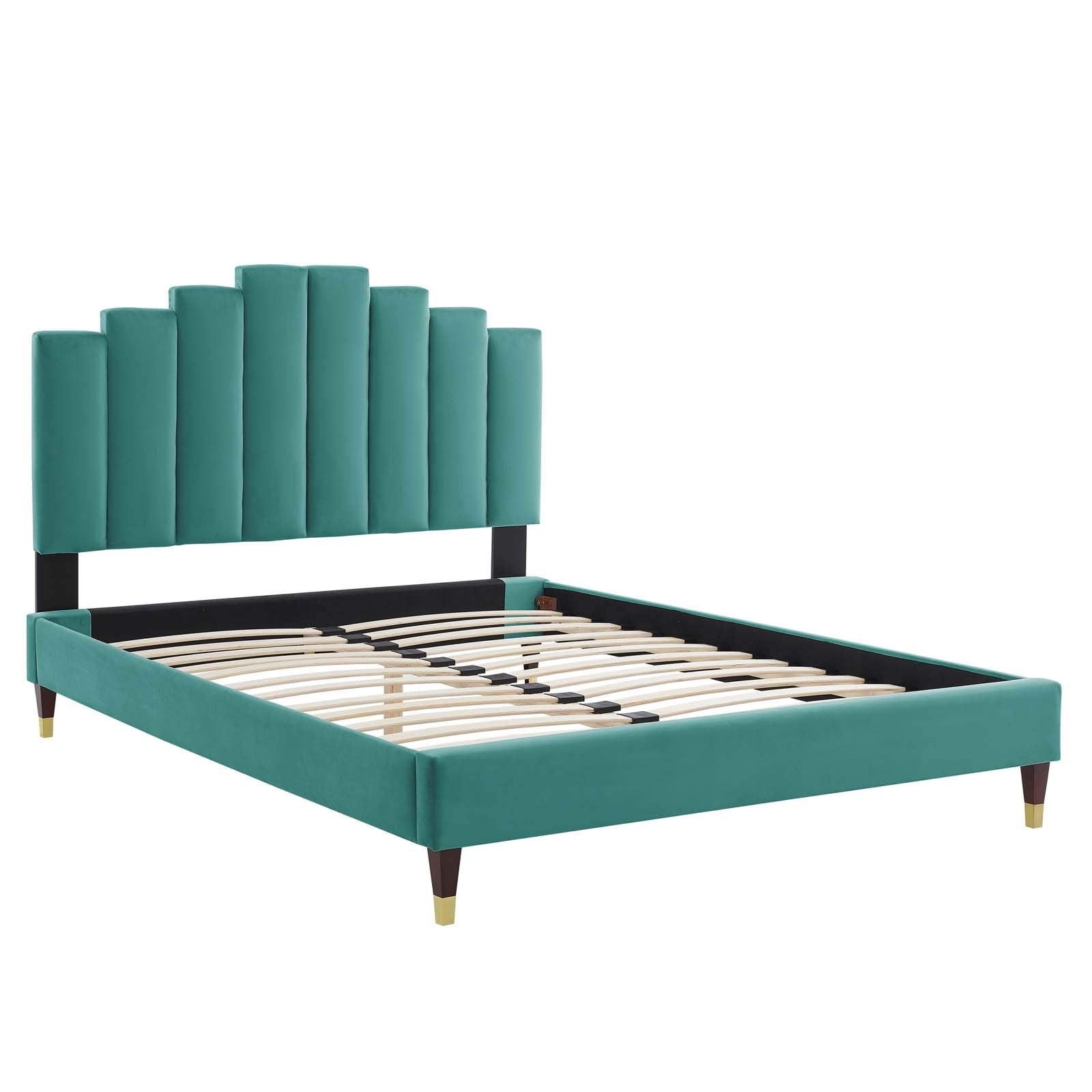 Modway Elise Channel Tufted Performance Velvet Full Platform Bed In Teal With Gold Legs