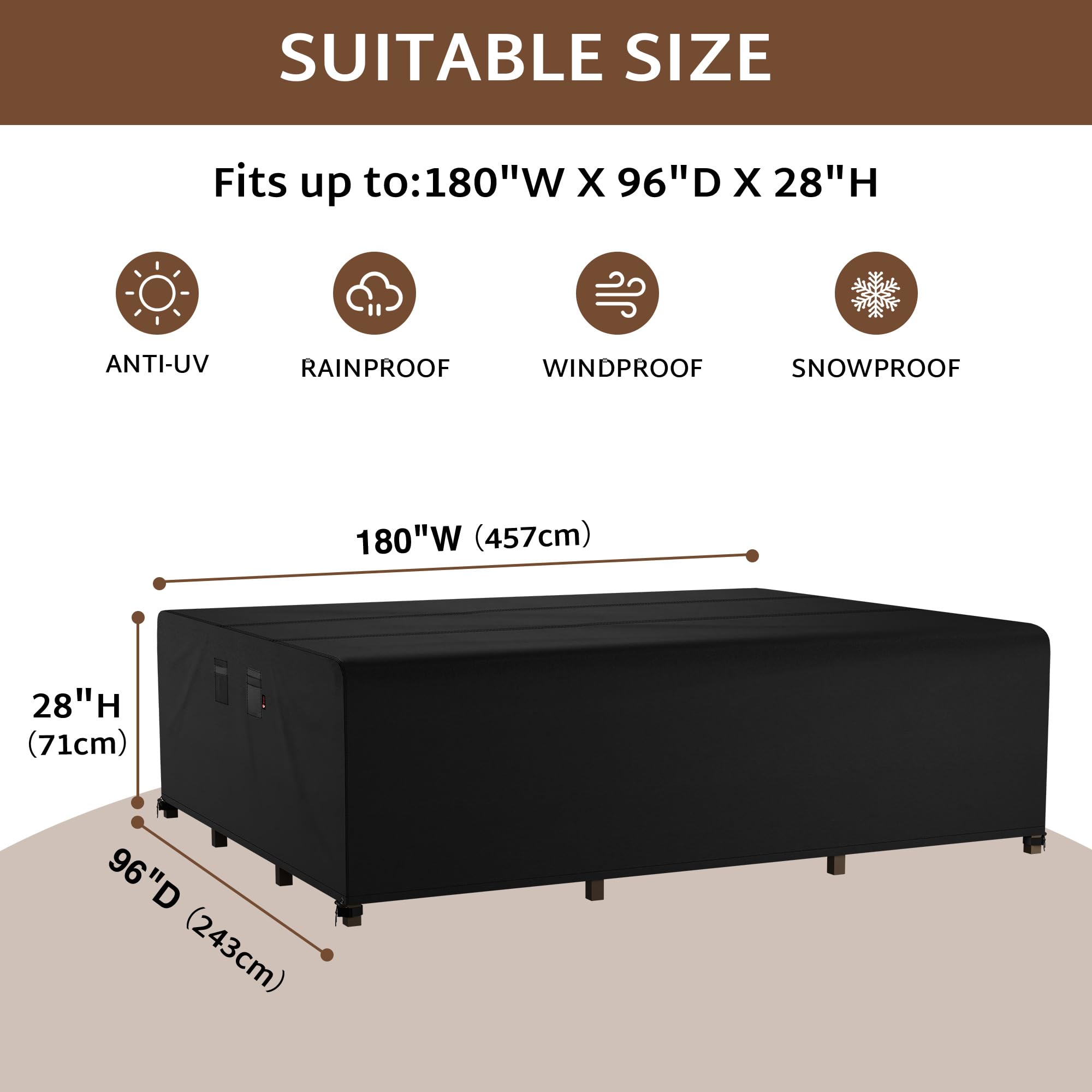 iBirdie Outdoor Patio Furniture Cover, 180"x96", Waterproof Heavy Duty 600D, Black, Rectangular for Extra Large Dining Table & Chairs