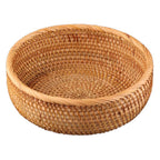 AMOLOLO Hadewoven Round Rattan Fruit Basket Wicker Food Tray Weaving Storage Holder Dinning Room Bowl, 9 Inch Woven Bread Basket