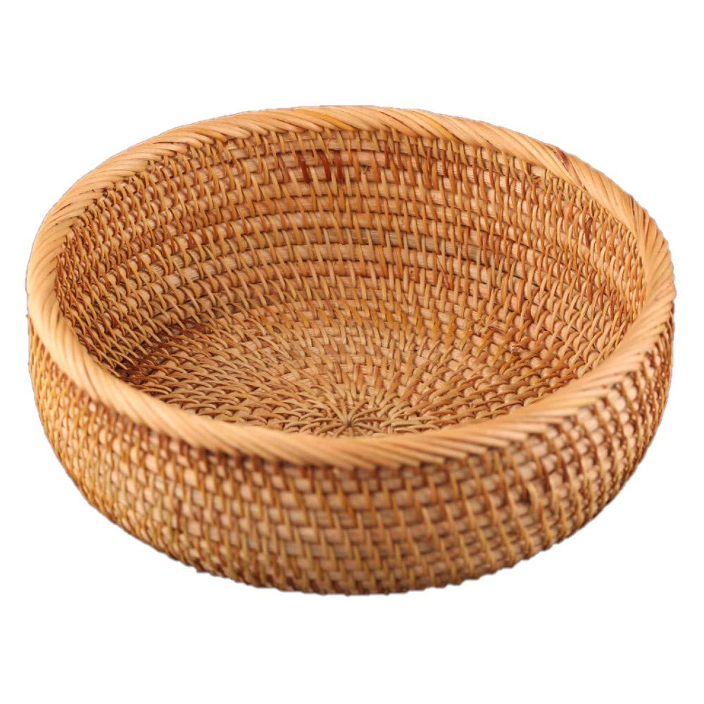 AMOLOLO Hadewoven Round Rattan Fruit Basket Wicker Food Tray Weaving Storage Holder Dinning Room Bowl, 9 Inch Woven Bread Basket
