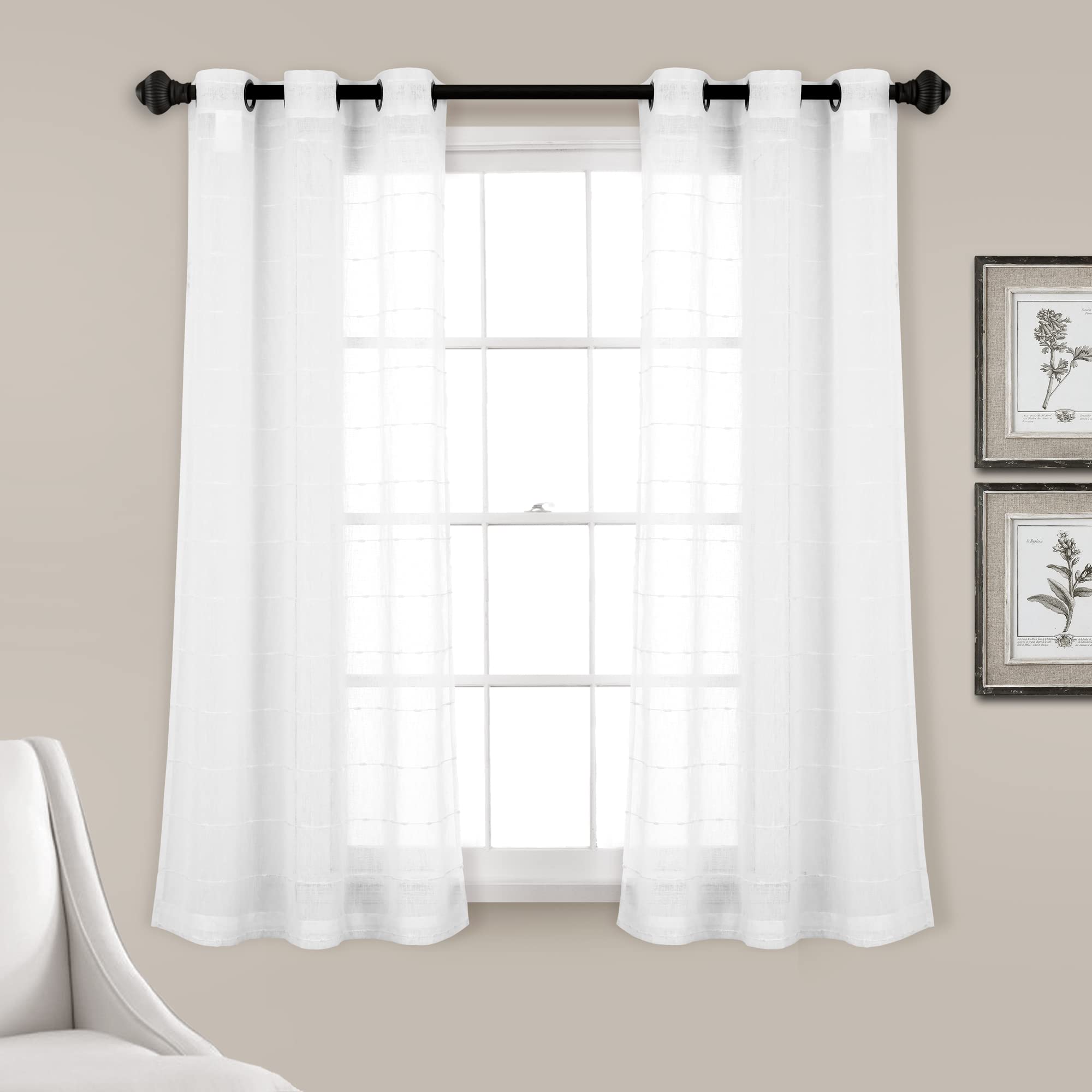 Lush Decor Farmhouse Textured Grommet Sheer Window Curtain Panel Pair, 38'W X 63'L, Bleach White