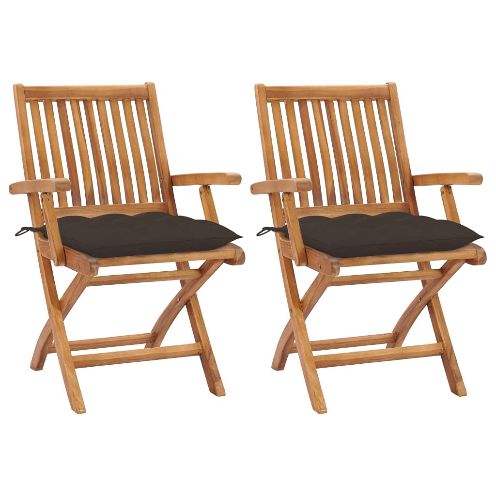 Vidaxl Patio Chairs Collection - 2 Pcs Taupe Cushions - Solid Teak Wood - Foldable Design - Seasoned, Kiln-Dried & Sanded For Smooth Appearance - Suitable For Patio Furniture.